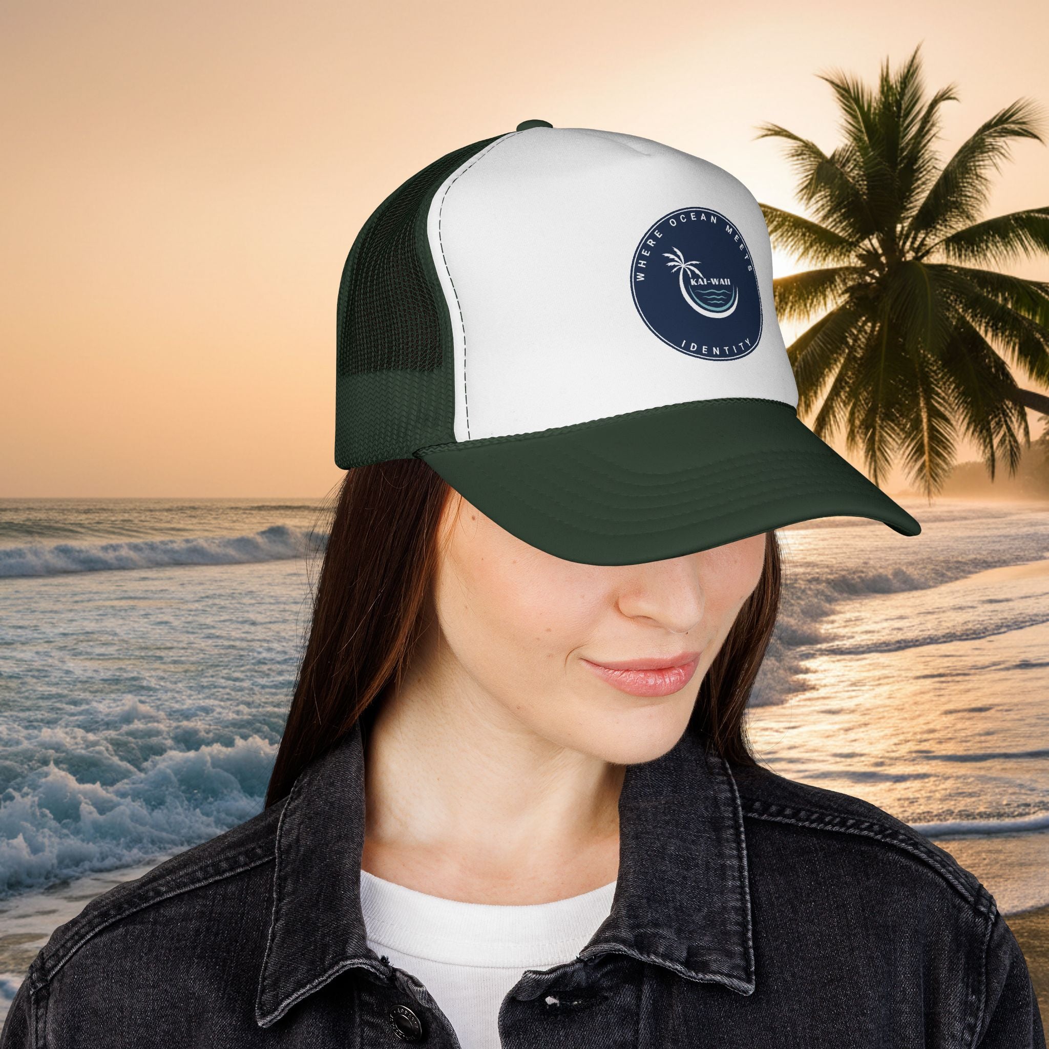 Coastal Vibes Trucker Cap â€” Ocean Club Palm Patch Snapback