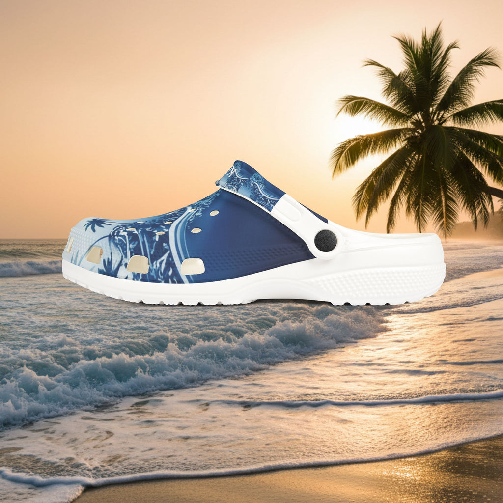 Tropical Wave EVA Clogs — Blue Palm Beach Garden Slip‑Ons