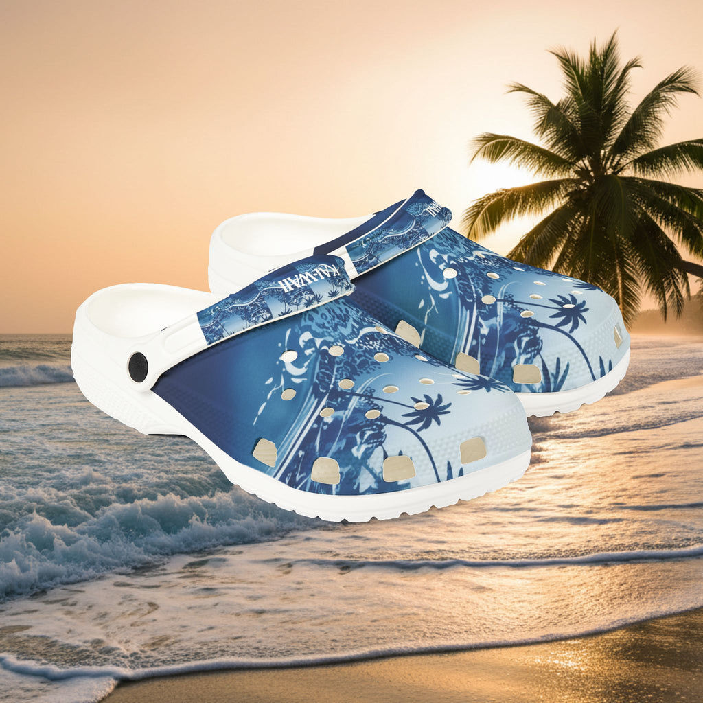 Tropical Wave EVA Clogs — Blue Palm Beach Garden Slip‑Ons