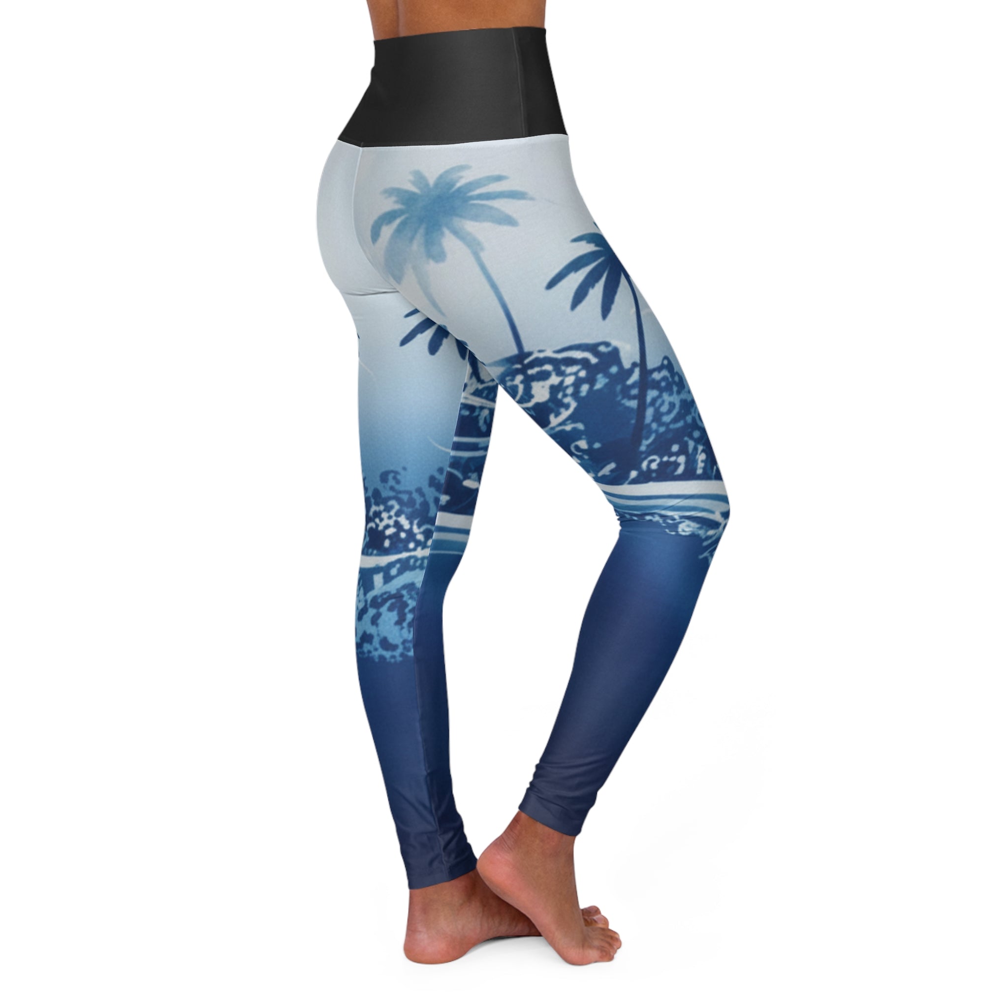 High-Waist Surf Palm Leggings — Coastal Wave Print