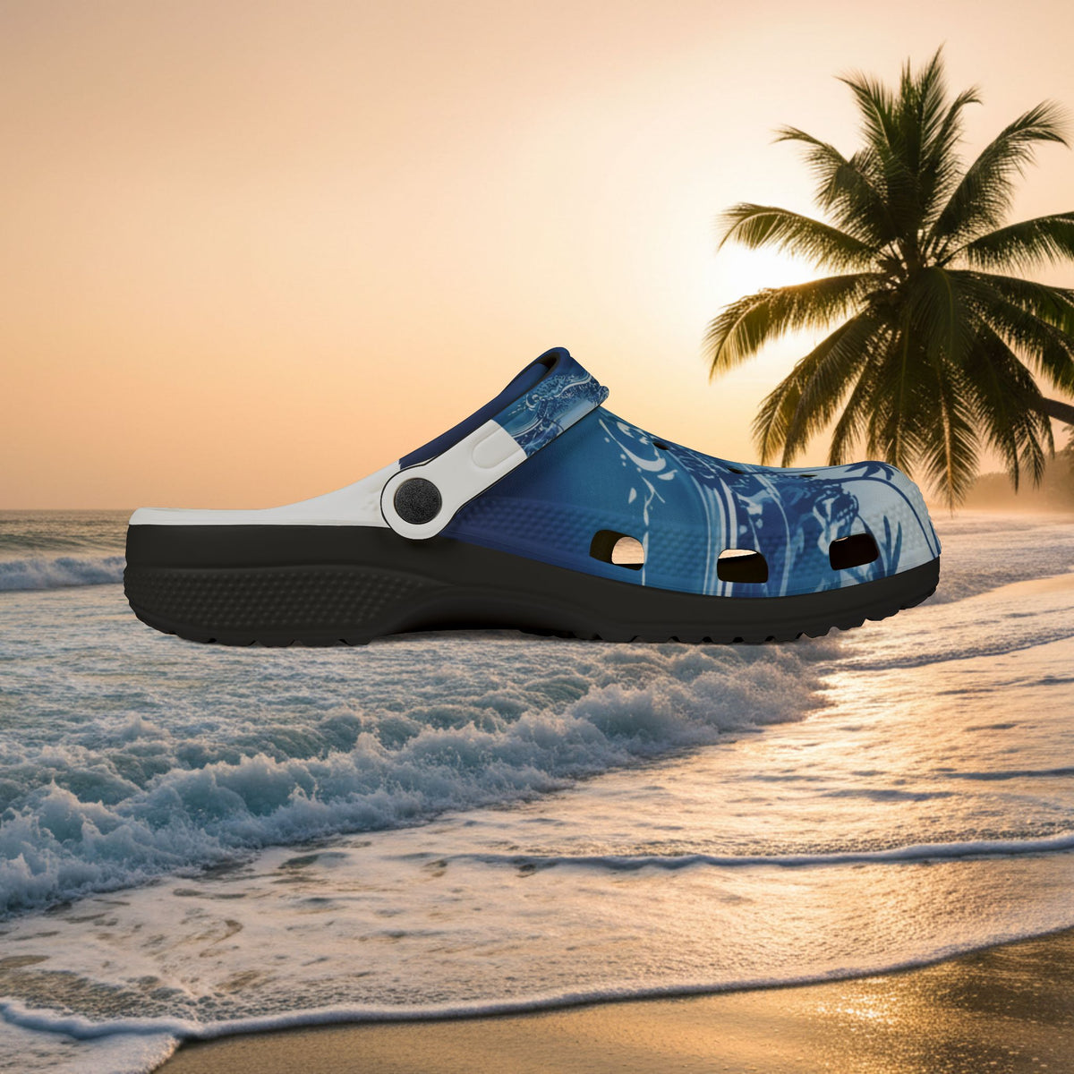 Tropical Wave EVA Clogs — Blue Palm Beach Garden Slip‑Ons