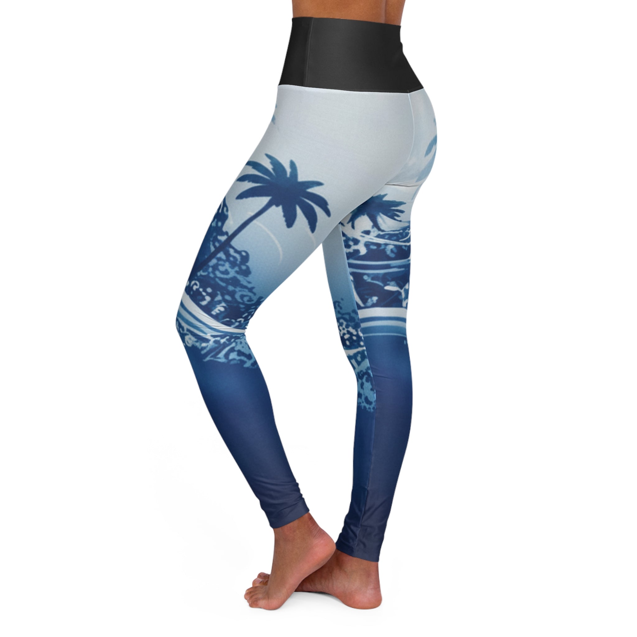 High-Waist Surf Palm Leggings — Coastal Wave Print