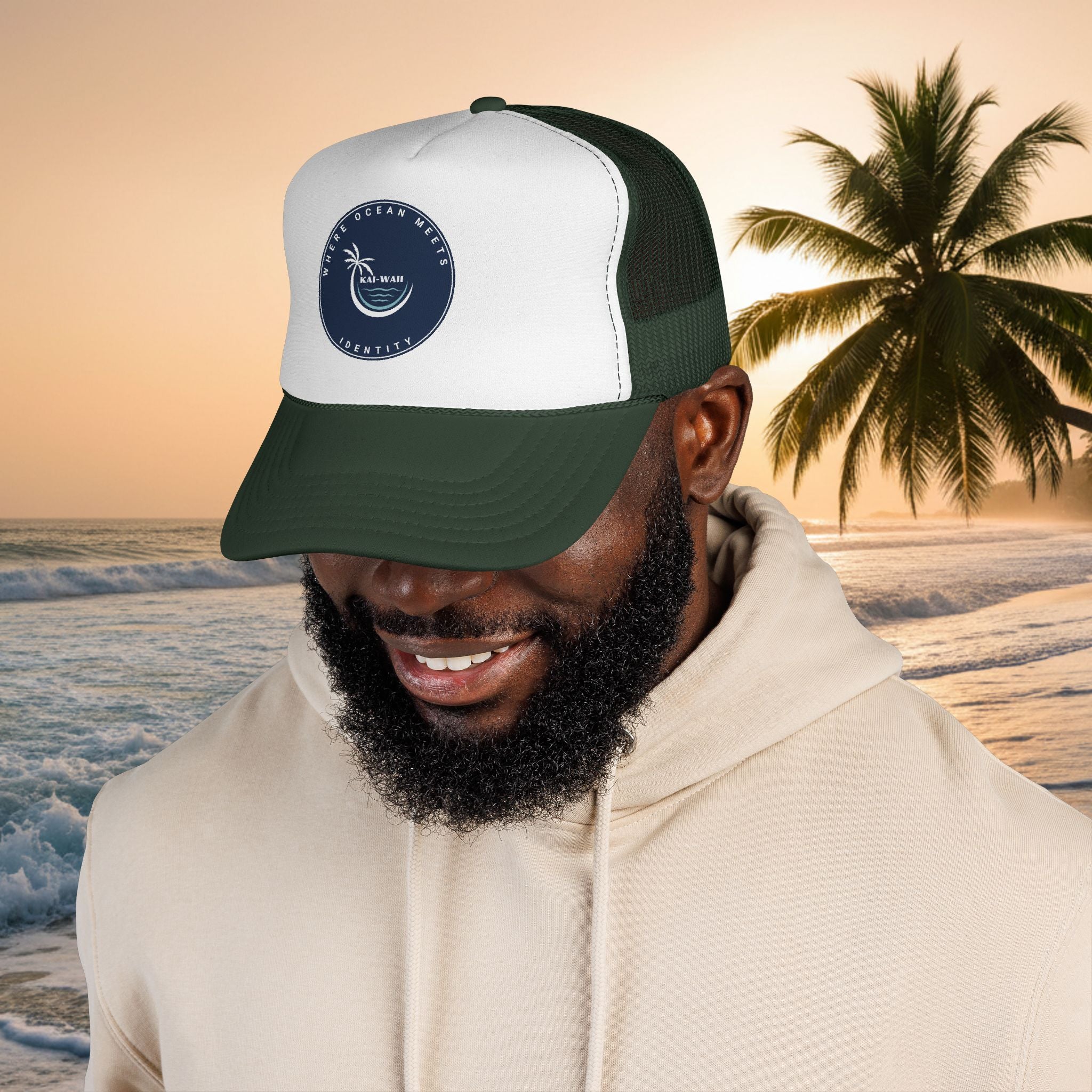 Coastal Vibes Trucker Cap â€” Ocean Club Palm Patch Snapback