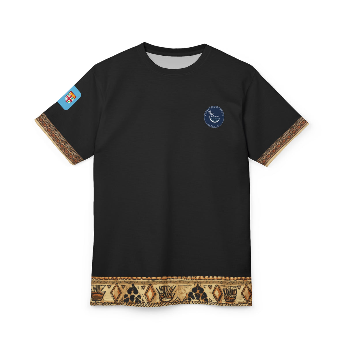 Tribal Accent Tee — Black All-Over Print with Heritage Border