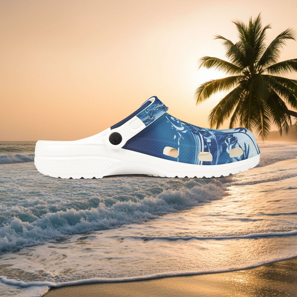 Tropical Wave EVA Clogs — Blue Palm Beach Garden Slip‑Ons