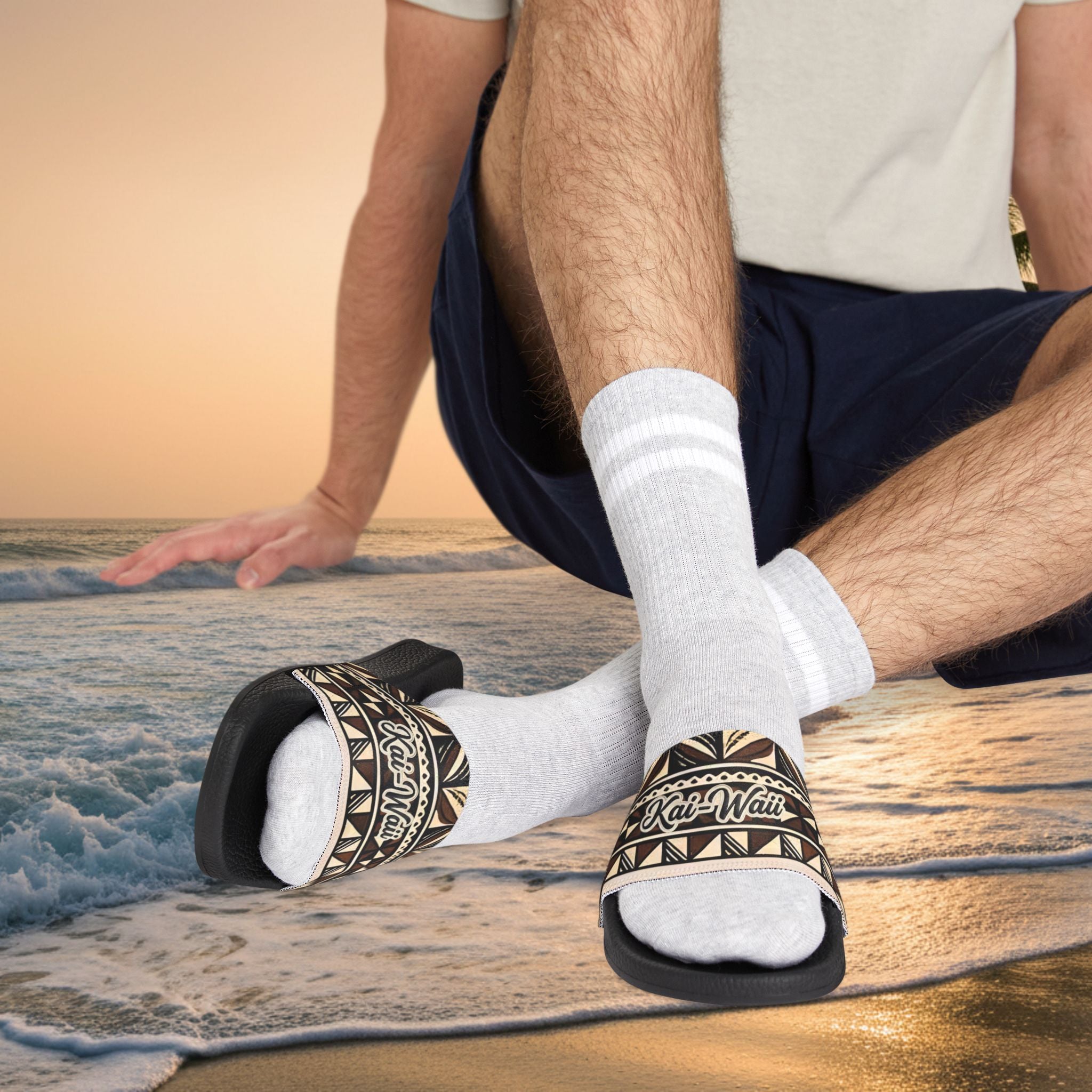 Men’s Slide Sandals with Tribal Print Straps — (Straps are removable)