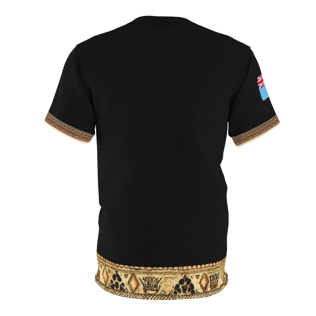Tribal Accent Tee — Black All-Over Print with Heritage Border