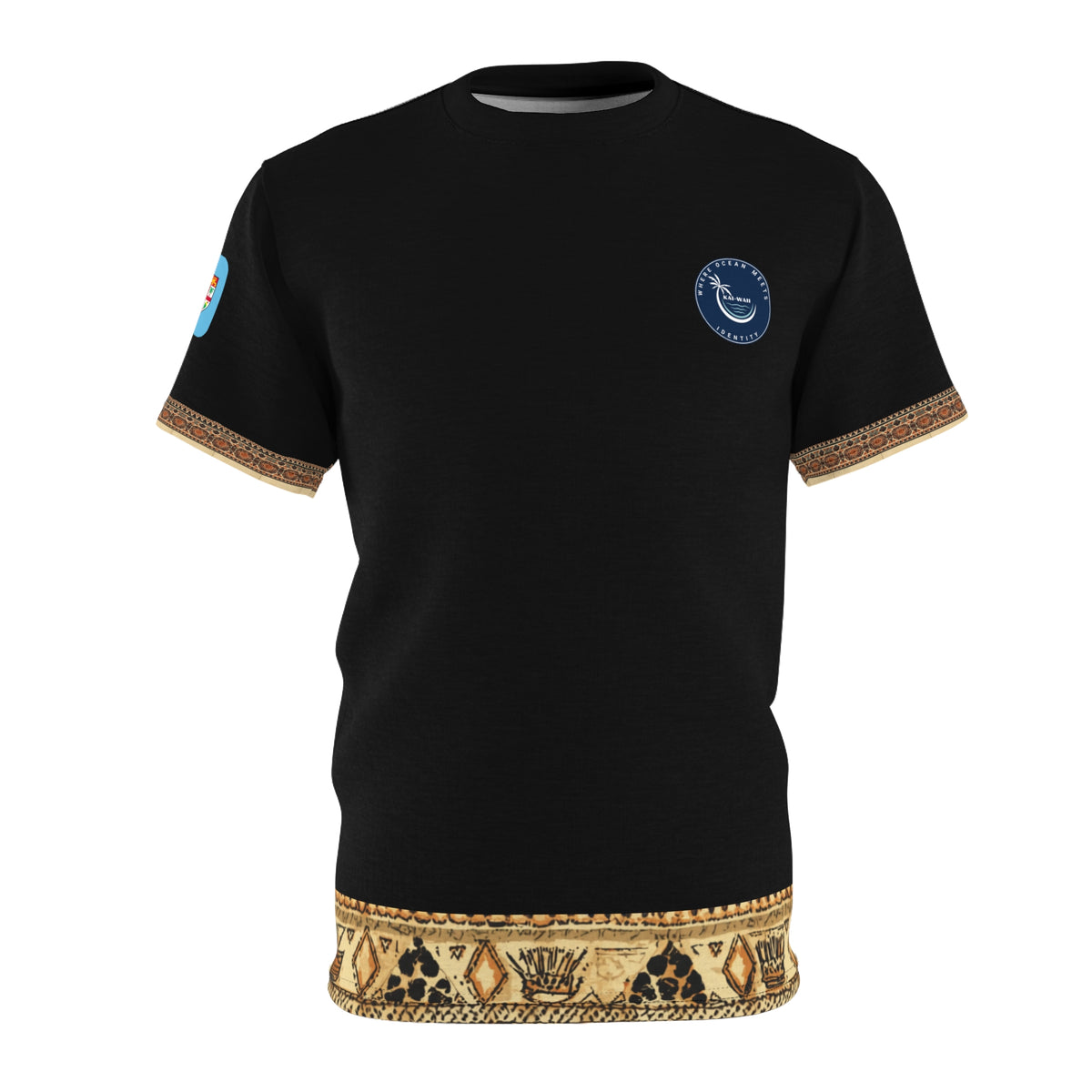 Tribal Accent Tee — Black All-Over Print with Heritage Border