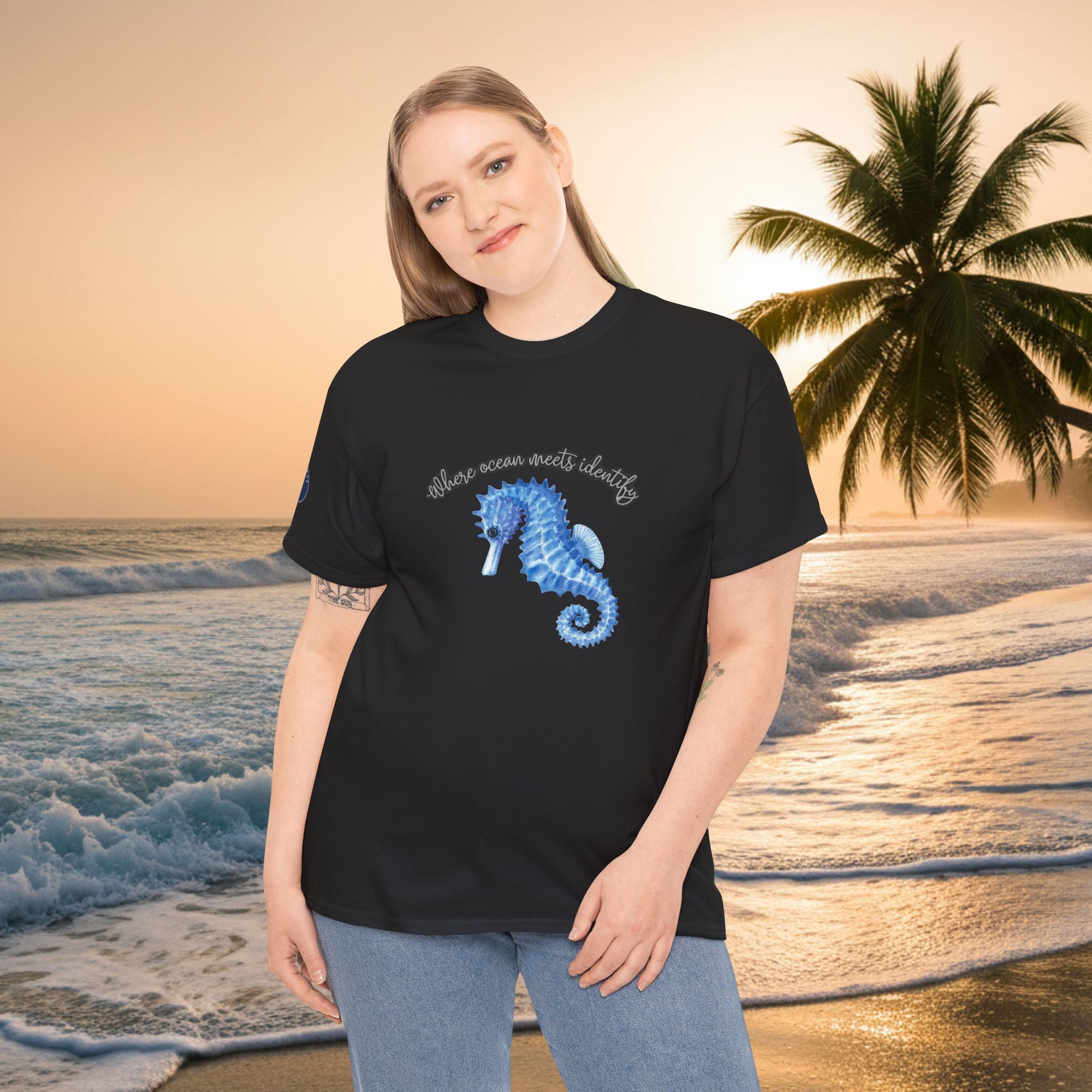 Seaside Seahorse T-Shirt — Blue Watercolor 'She Was Made Lovely' Tee