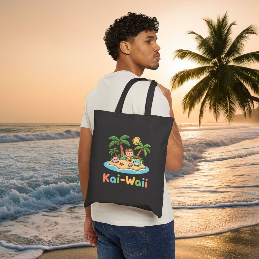 KAI-WAII Beach Tote Bag — Cute Island Cartoon Canvas Tote for Summer