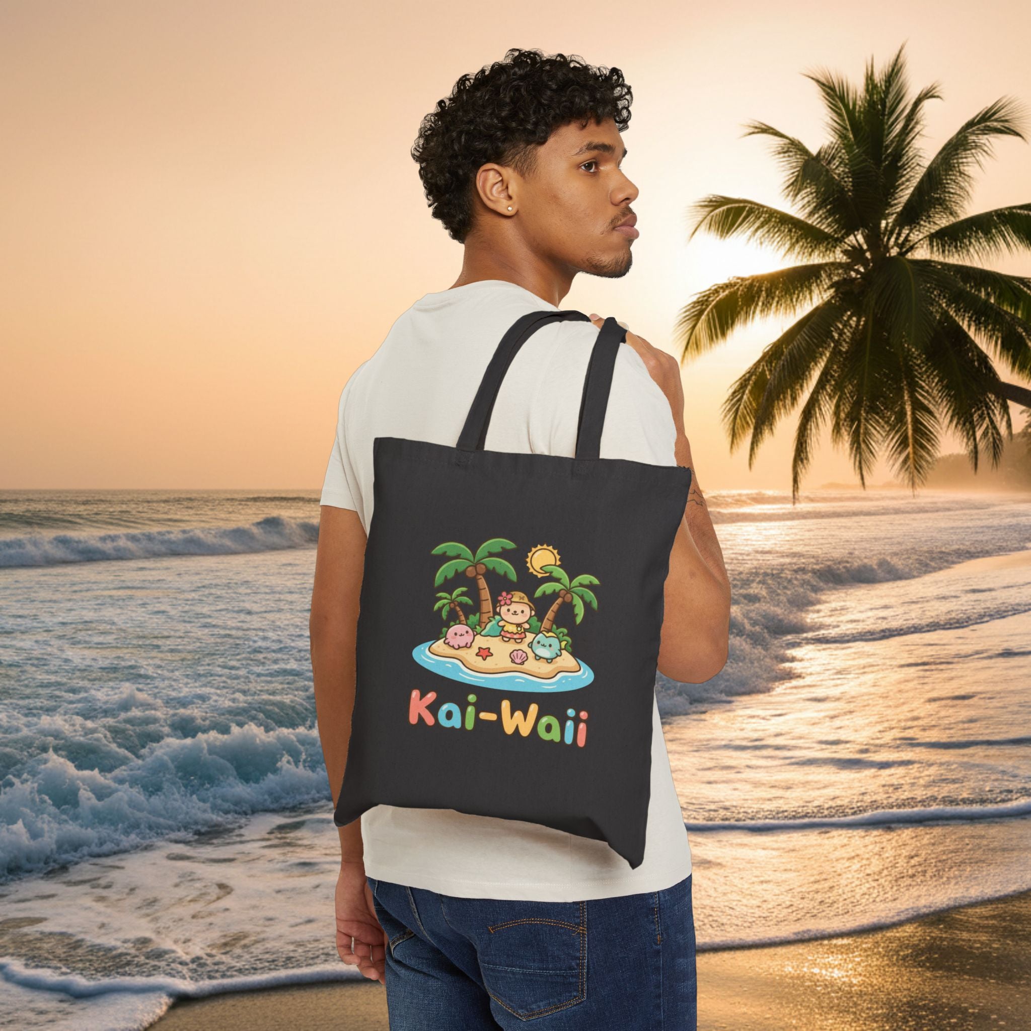 KAI-WAII Beach Tote Bag — Cute Island Cartoon Canvas Tote for Summer