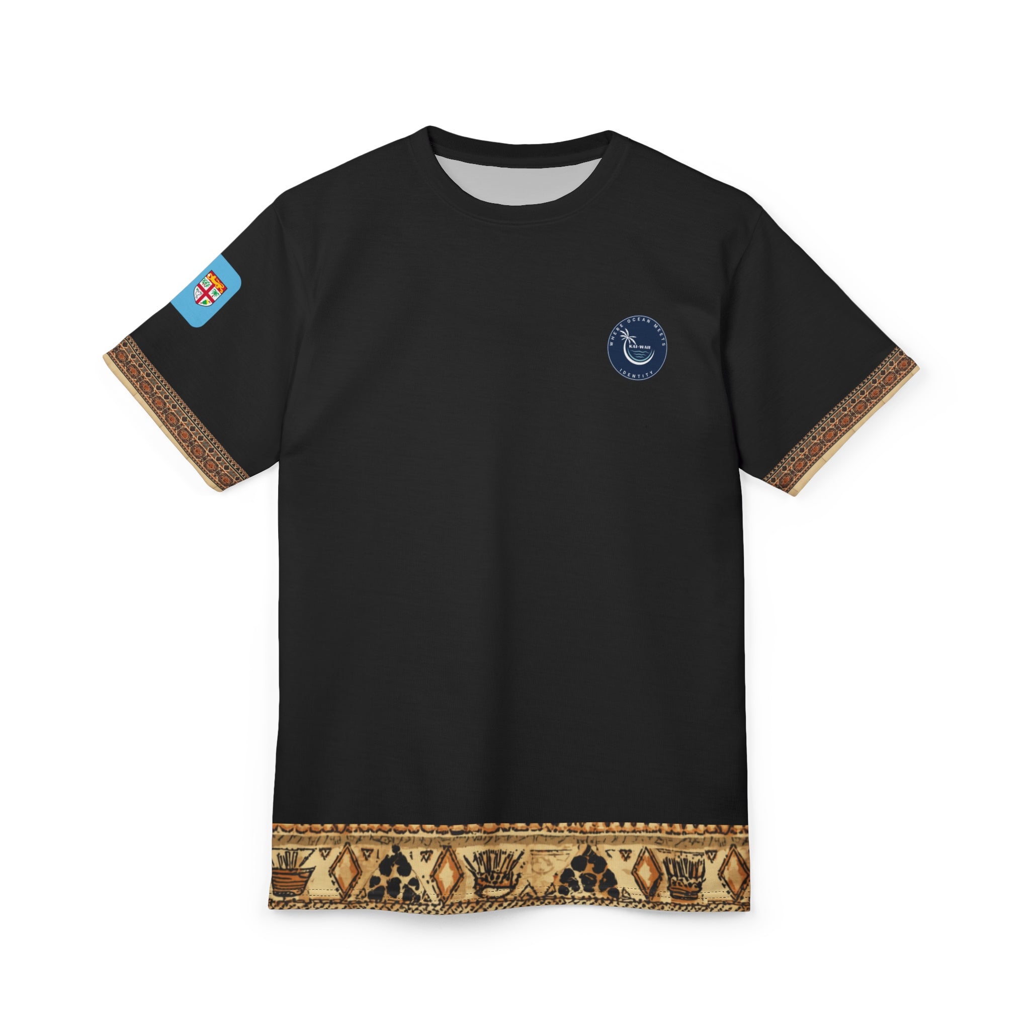 Tribal Accent Tee — Black All-Over Print with Heritage Border