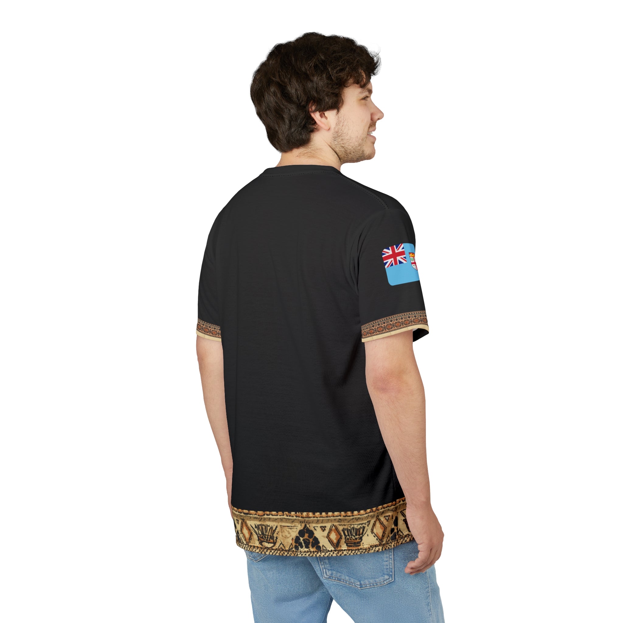 Tribal Accent Tee — Black All-Over Print with Heritage Border