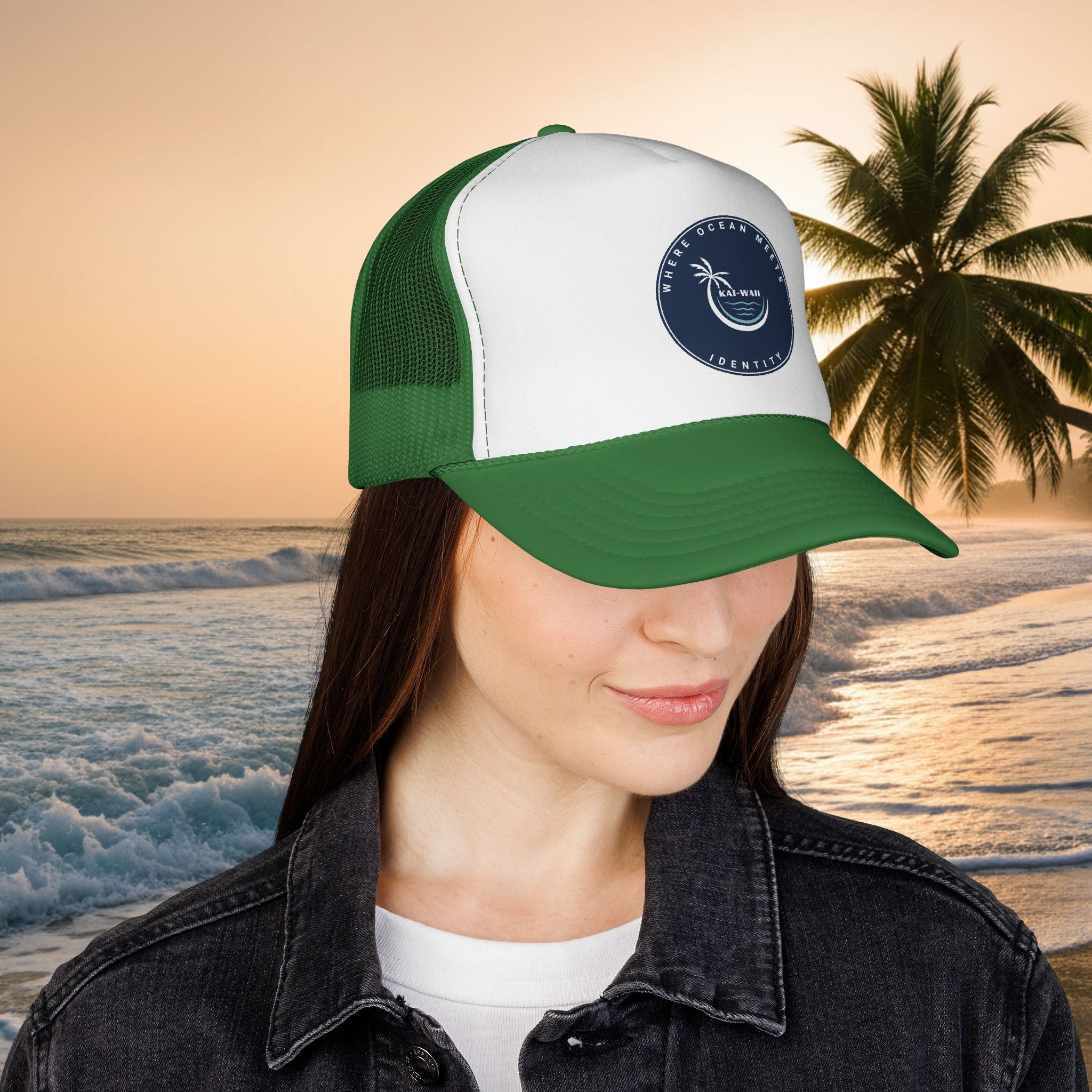 Coastal Vibes Trucker Cap â€” Ocean Club Palm Patch Snapback