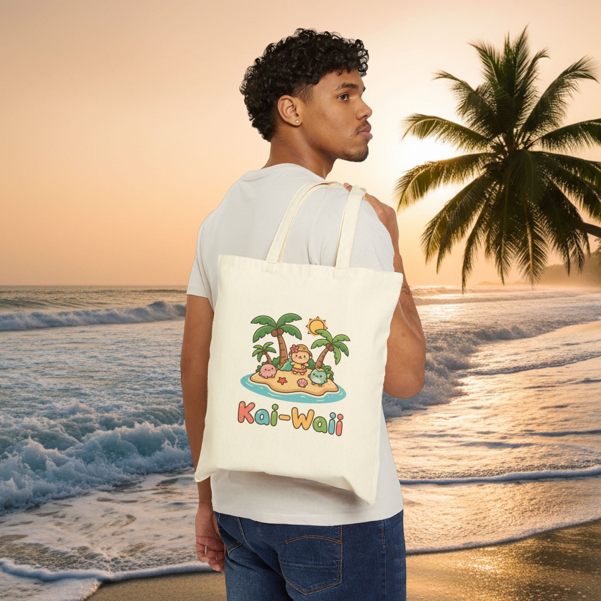 KAI-WAII Beach Tote Bag — Cute Island Cartoon Canvas Tote for Summer