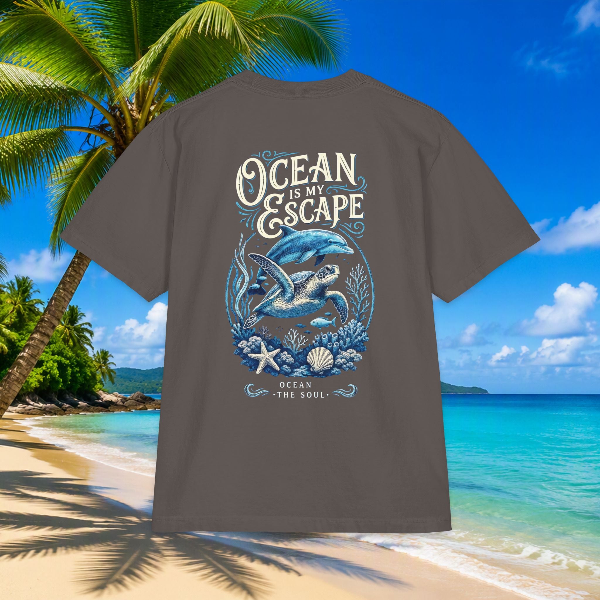 Ocean Is My Escape T‑Shirt — Coastal Whale & Seashell Premium Graphic Tee