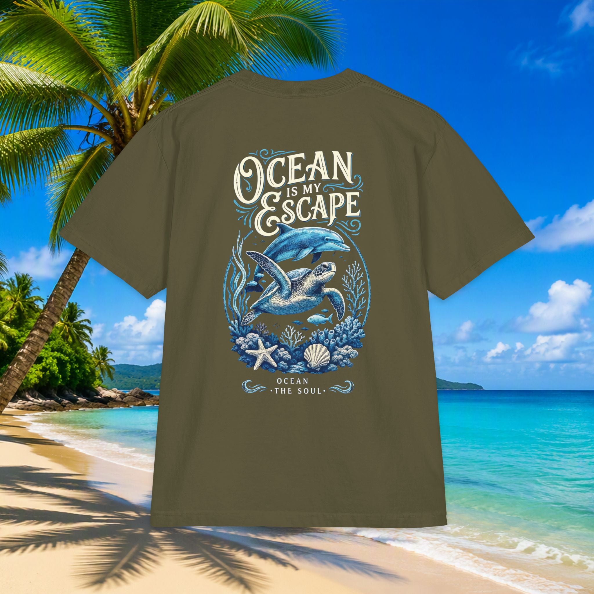 Ocean Is My Escape T‑Shirt — Coastal Whale & Seashell Premium Graphic Tee