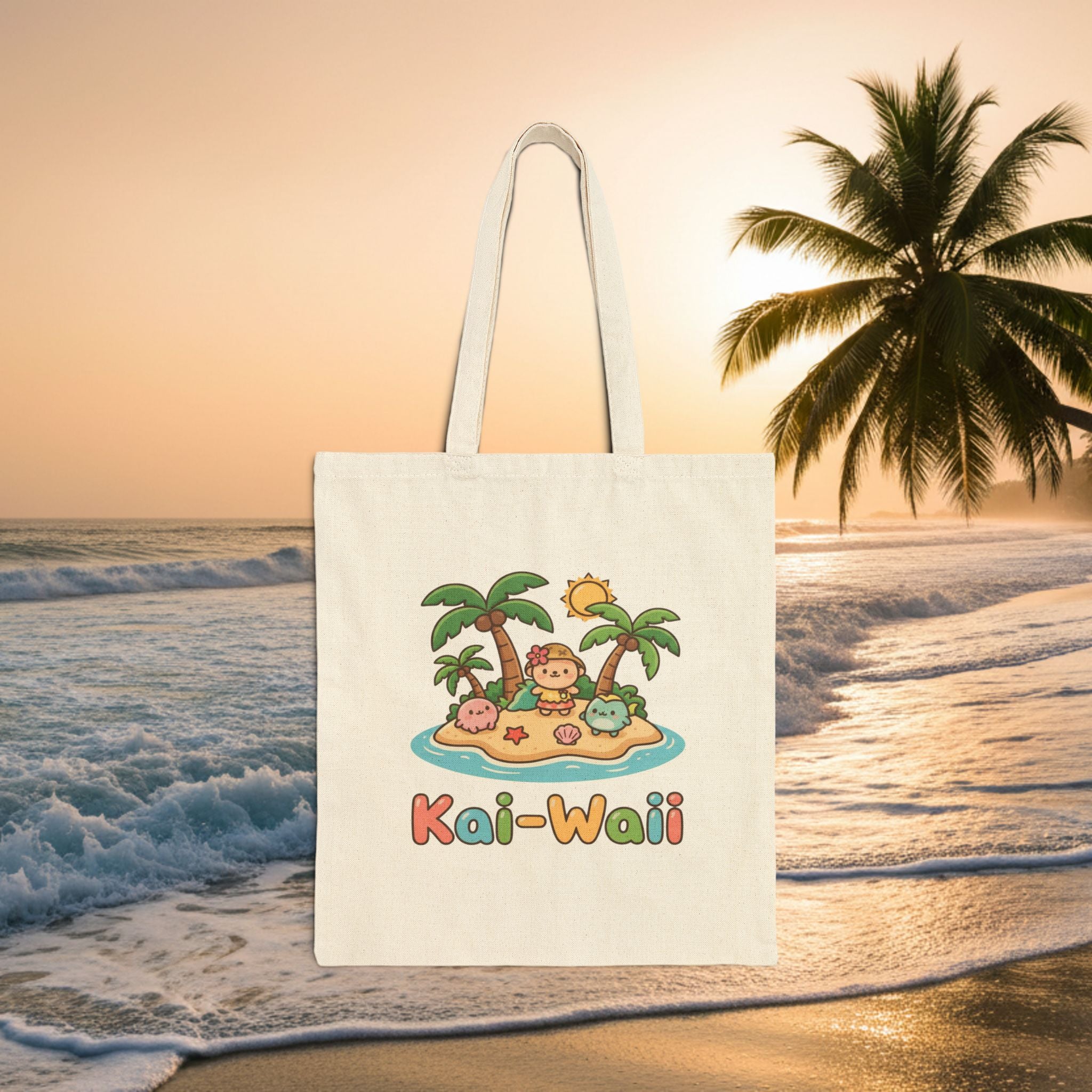KAI-WAII Beach Tote Bag — Cute Island Cartoon Canvas Tote for Summer