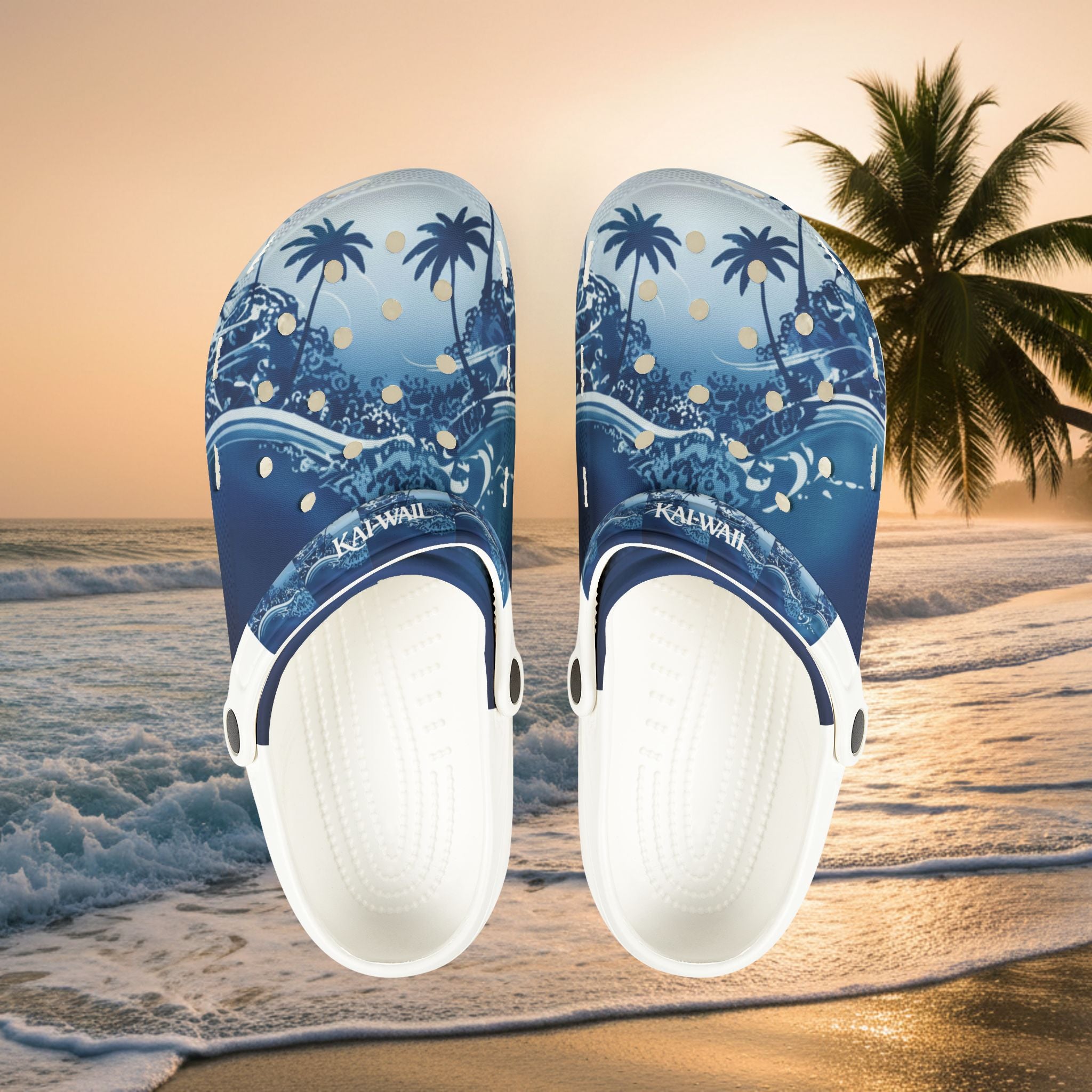 Tropical Wave EVA Clogs — Blue Palm Beach Garden Slip‑Ons