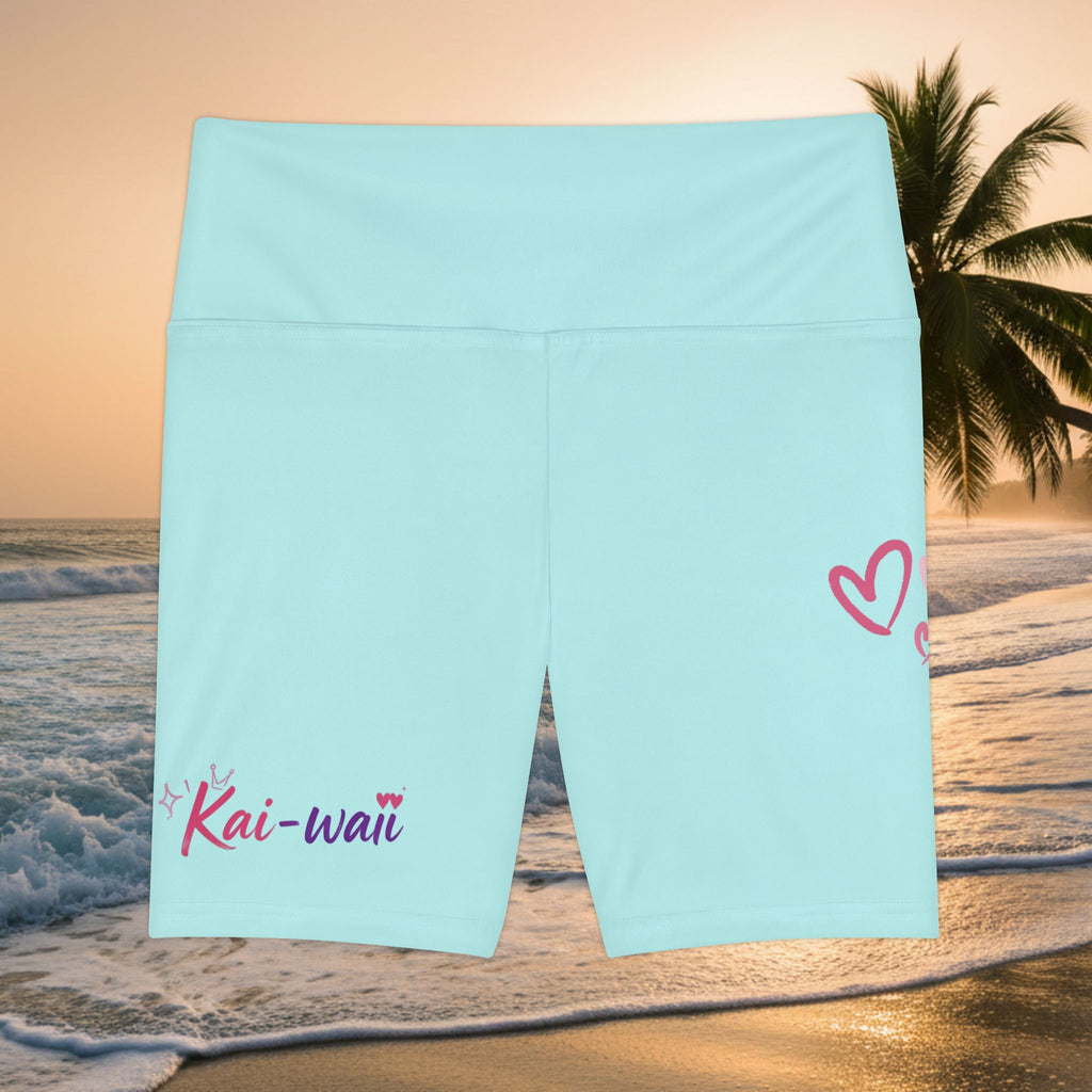 KAI-WAII Heart Print Women's Workout Shorts — Light Blue High-Waist Biker Shorts