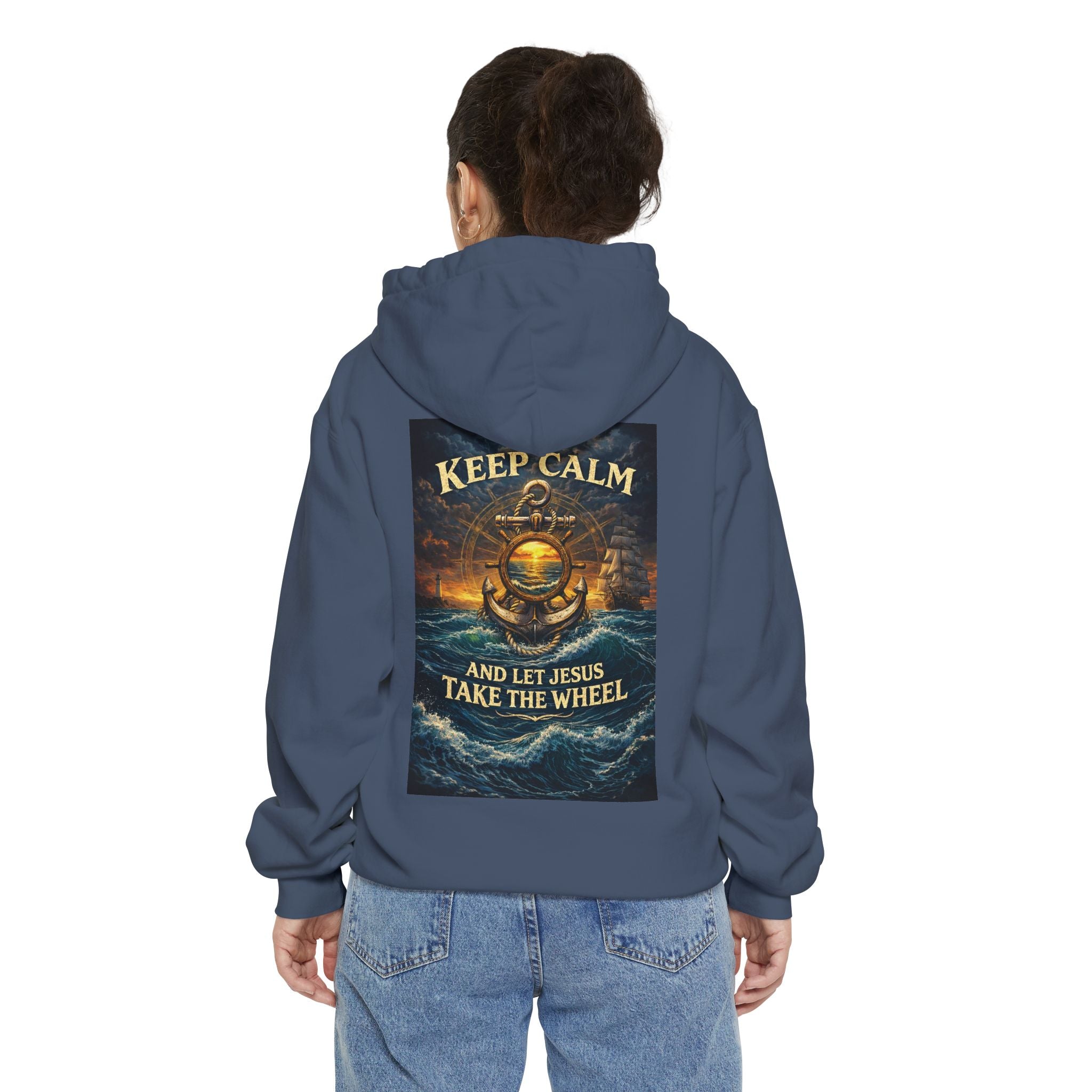 Hoodie - "Keep Calm and Let Jesus Take the Wheel" Nautical Graphic Hoodie