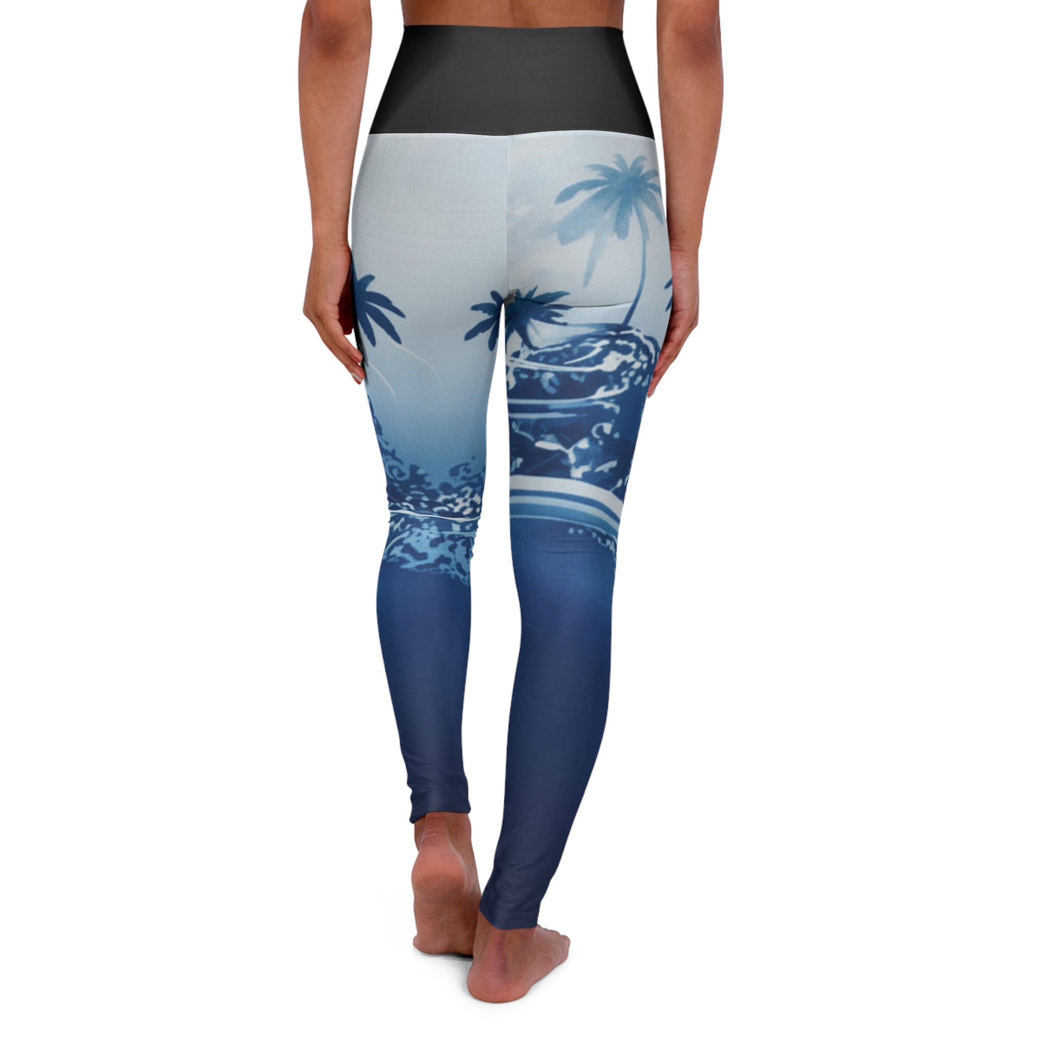 High-Waist Surf Palm Leggings — Coastal Wave Print