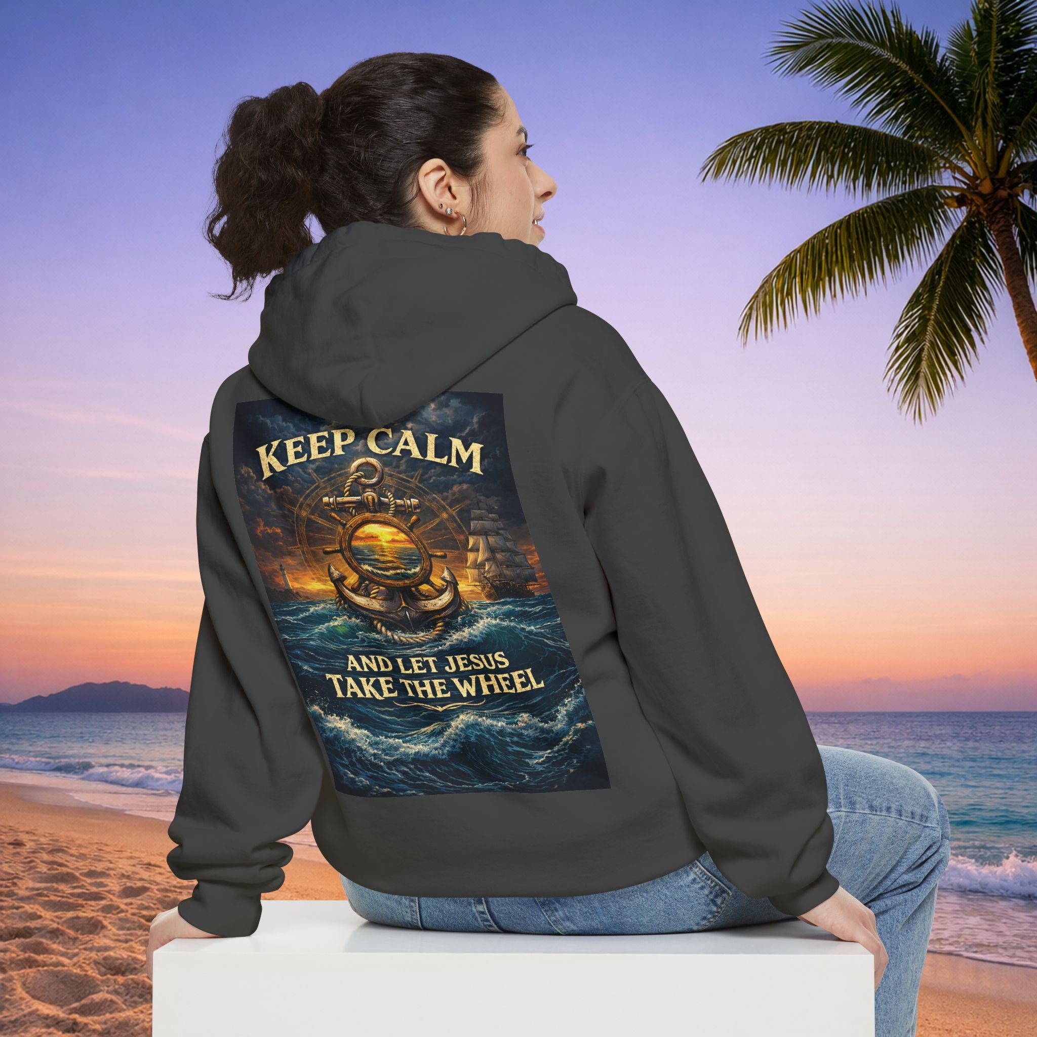 Hoodie - "Keep Calm and Let Jesus Take the Wheel" Nautical Graphic Hoodie