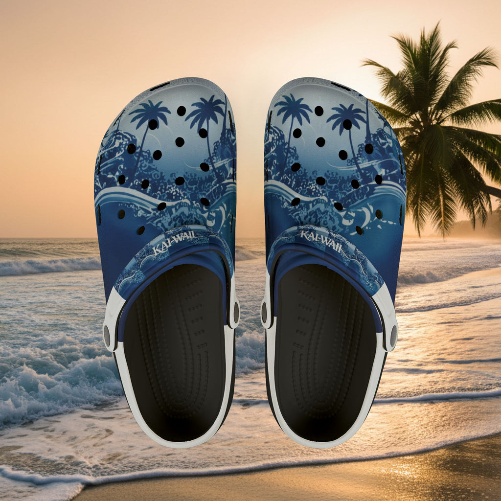 Tropical Wave EVA Clogs — Blue Palm Beach Garden Slip‑Ons