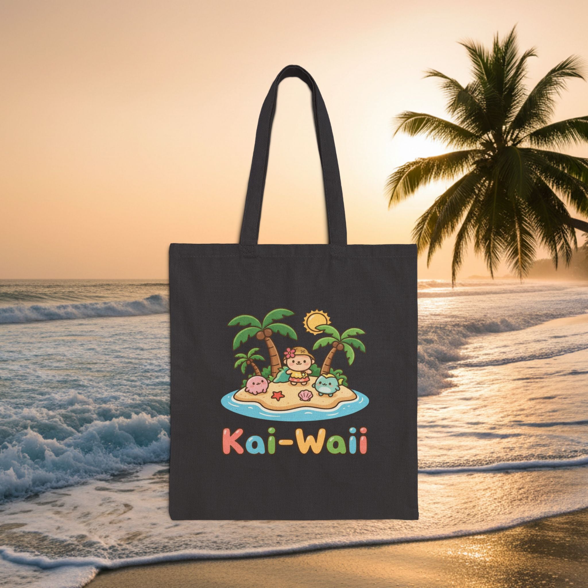 KAI-WAII Beach Tote Bag — Cute Island Cartoon Canvas Tote for Summer
