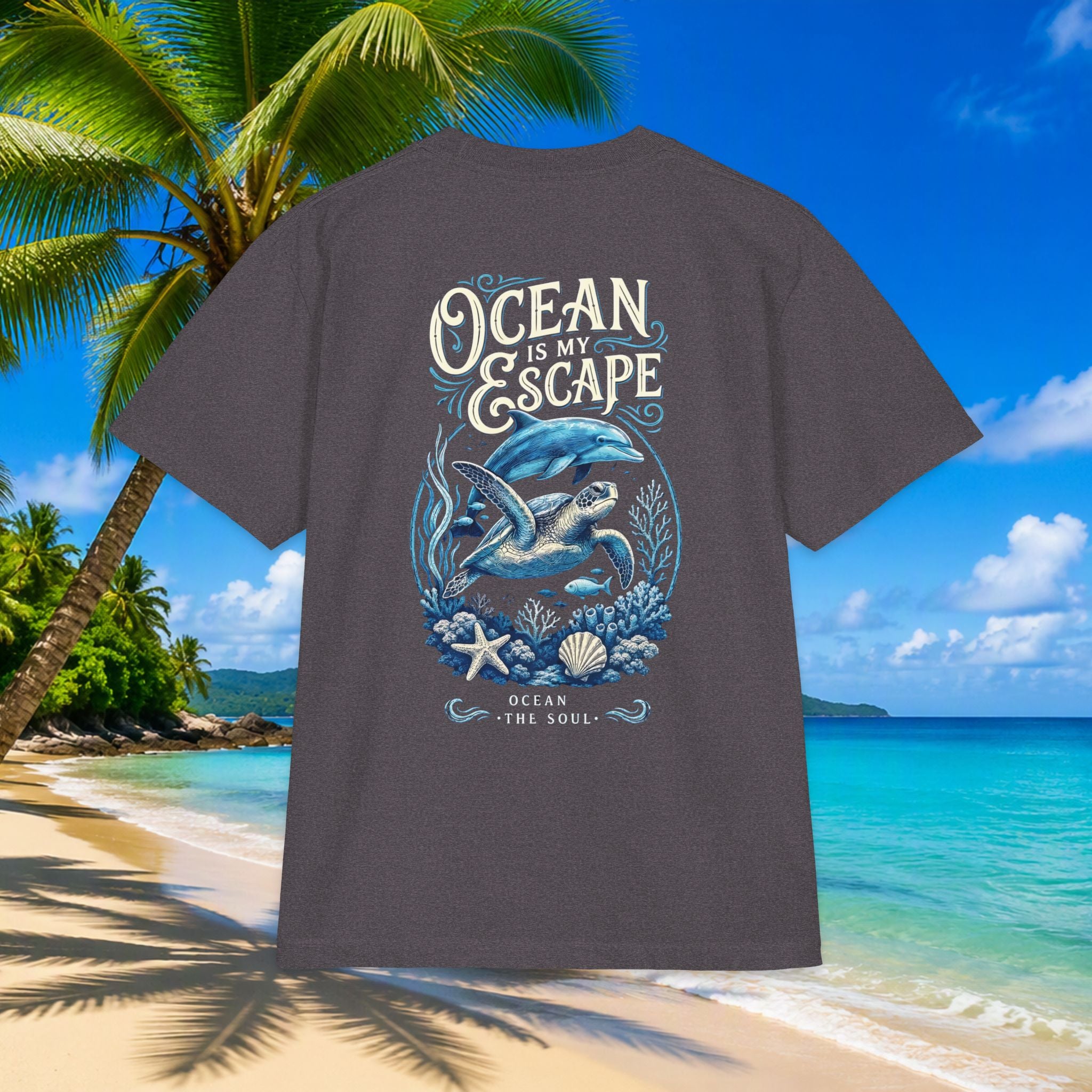 Ocean Is My Escape T‑Shirt — Coastal Whale & Seashell Premium Graphic Tee