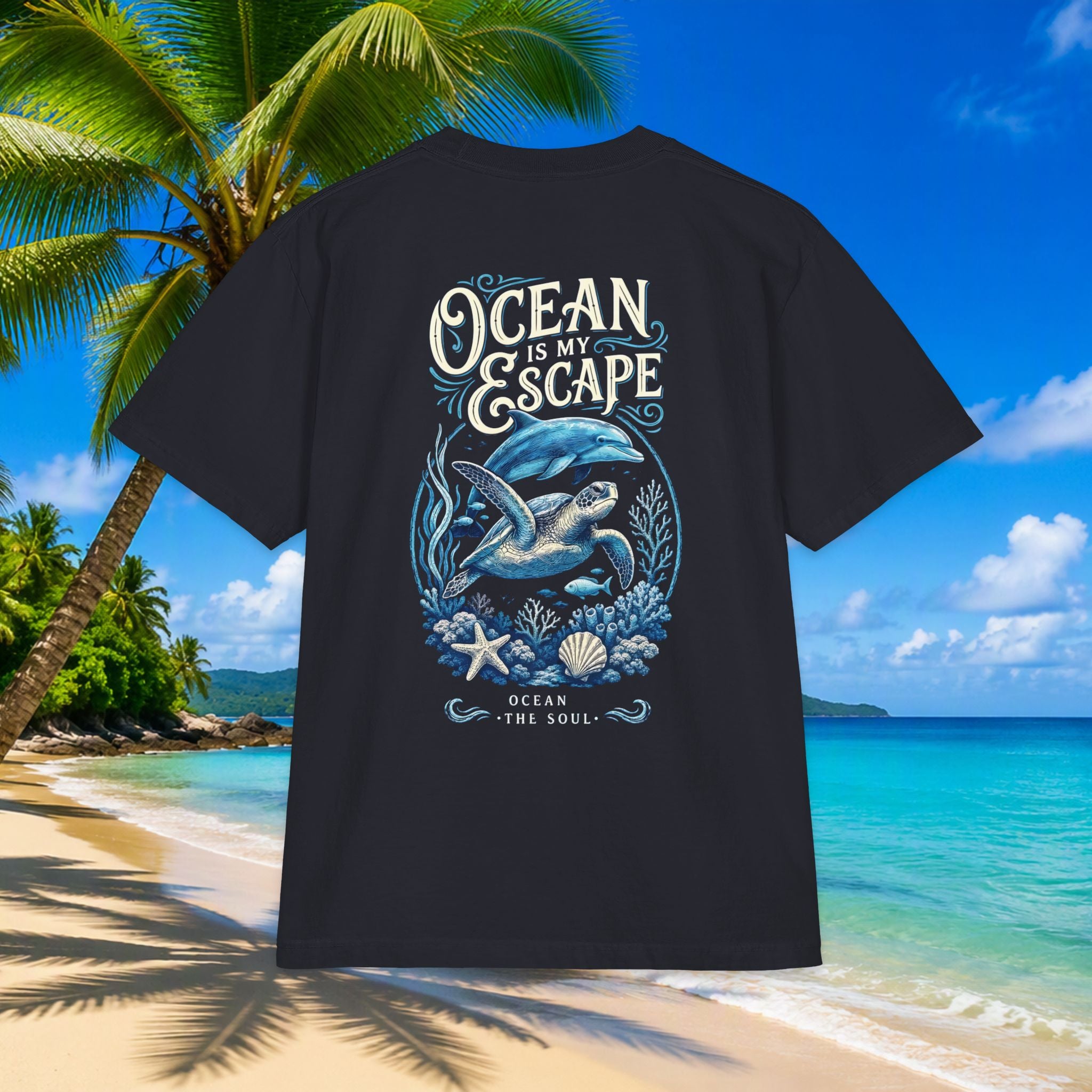 Ocean Is My Escape T‑Shirt — Coastal Whale & Seashell Premium Graphic Tee