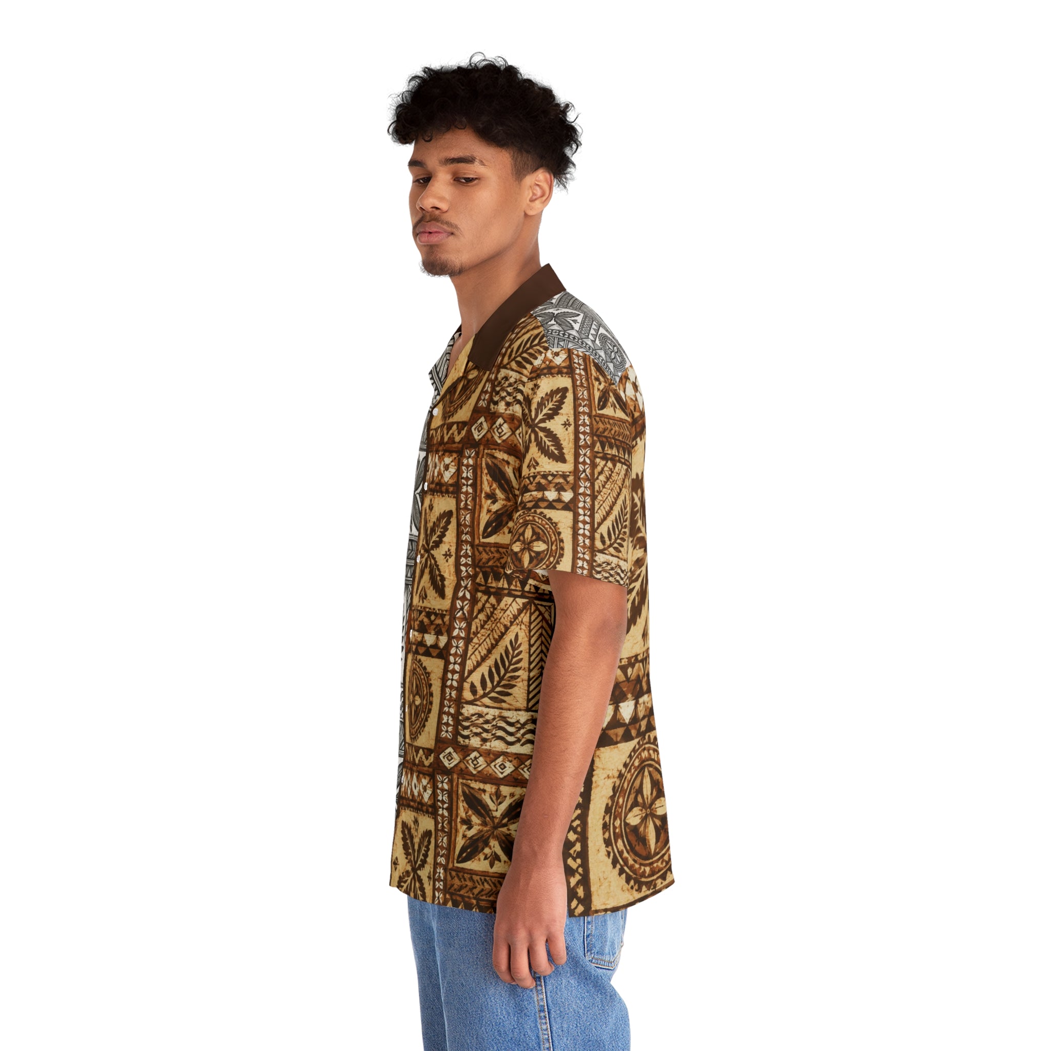 Tapa Patchwork Hawaiian Shirt — Brown Tribal Print