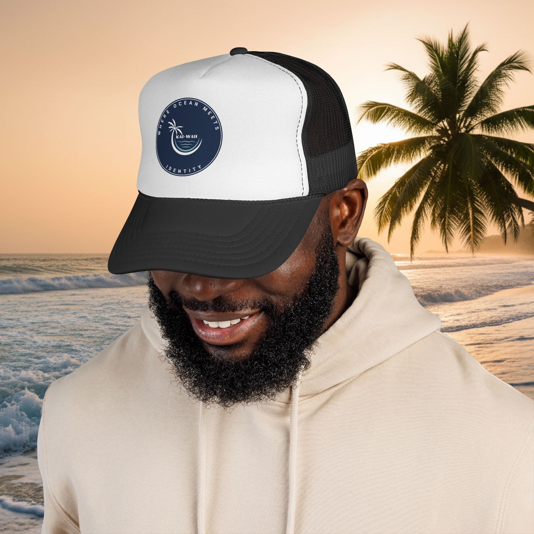 Coastal Vibes Trucker Cap â€” Ocean Club Palm Patch Snapback