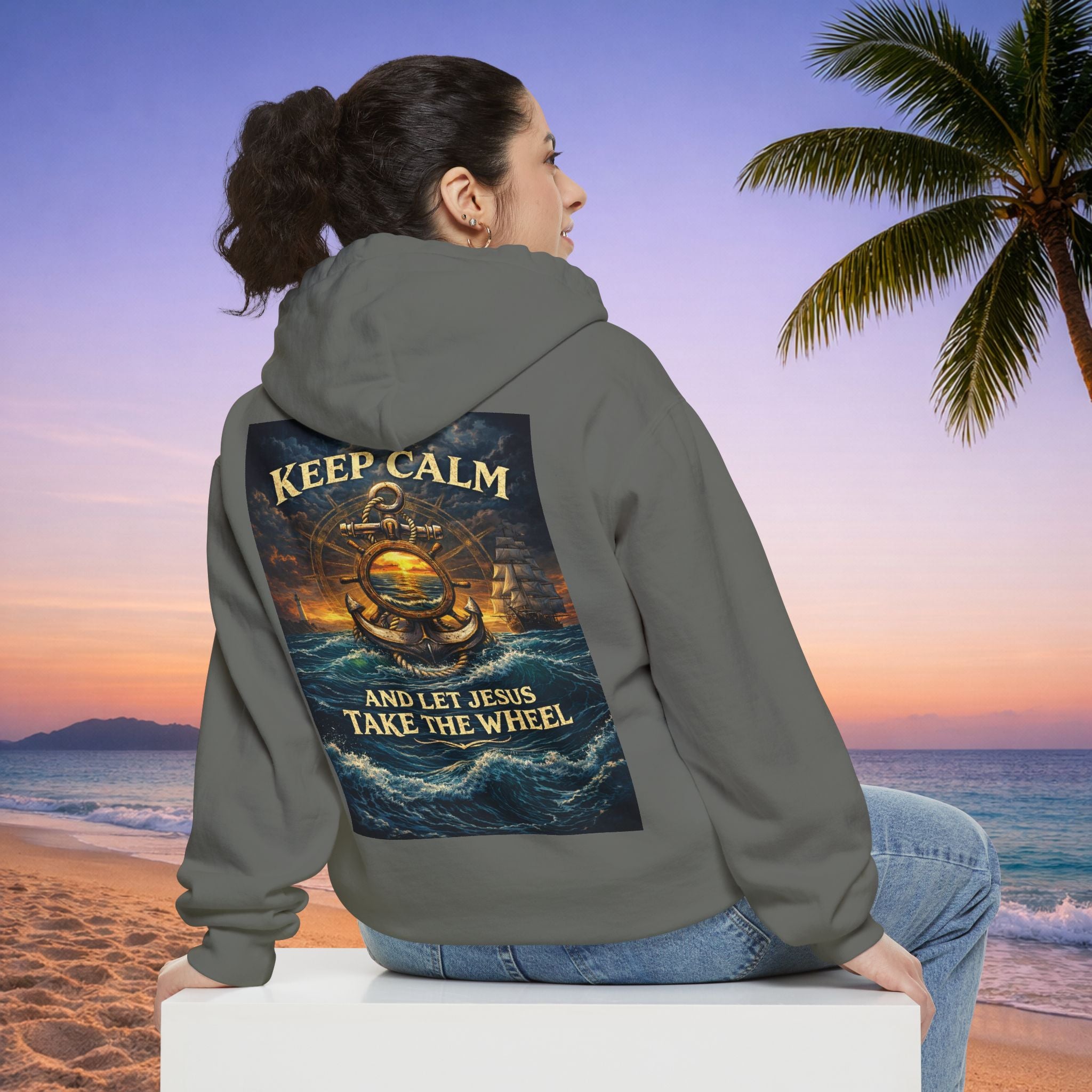 Hoodie - "Keep Calm and Let Jesus Take the Wheel" Nautical Graphic Hoodie