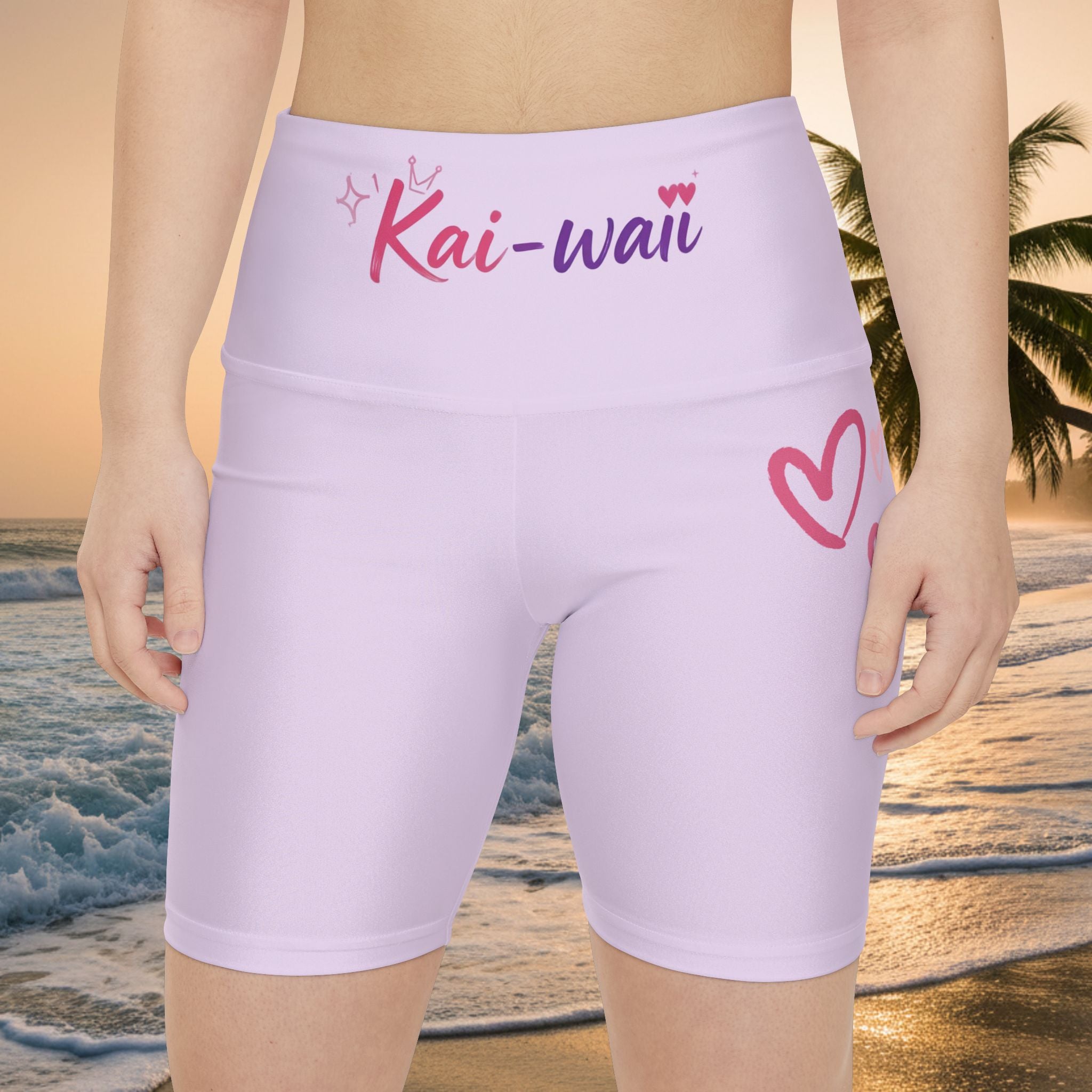 Kai-waii Pink Heart Women's Workout Shorts – Cute High-Waist Athletic Biker Shorts