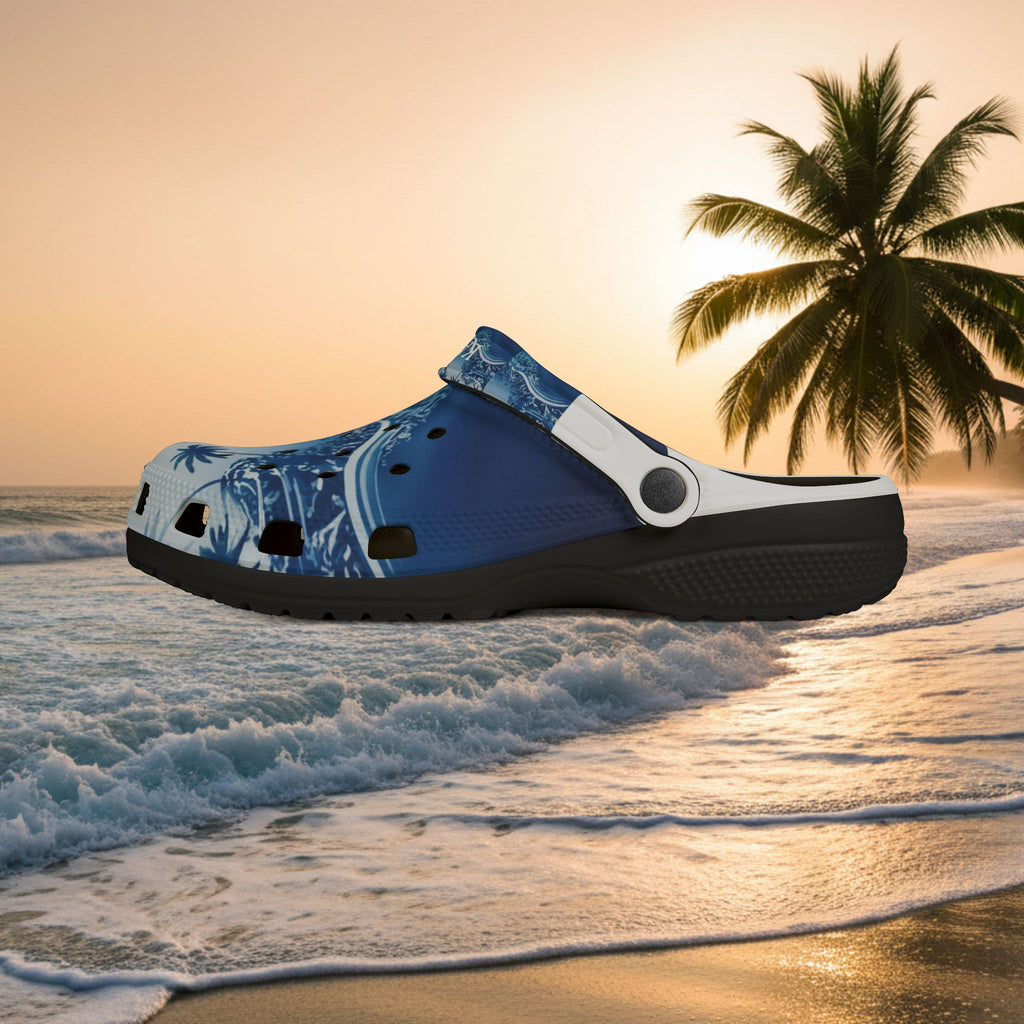Tropical Wave EVA Clogs — Blue Palm Beach Garden Slip‑Ons