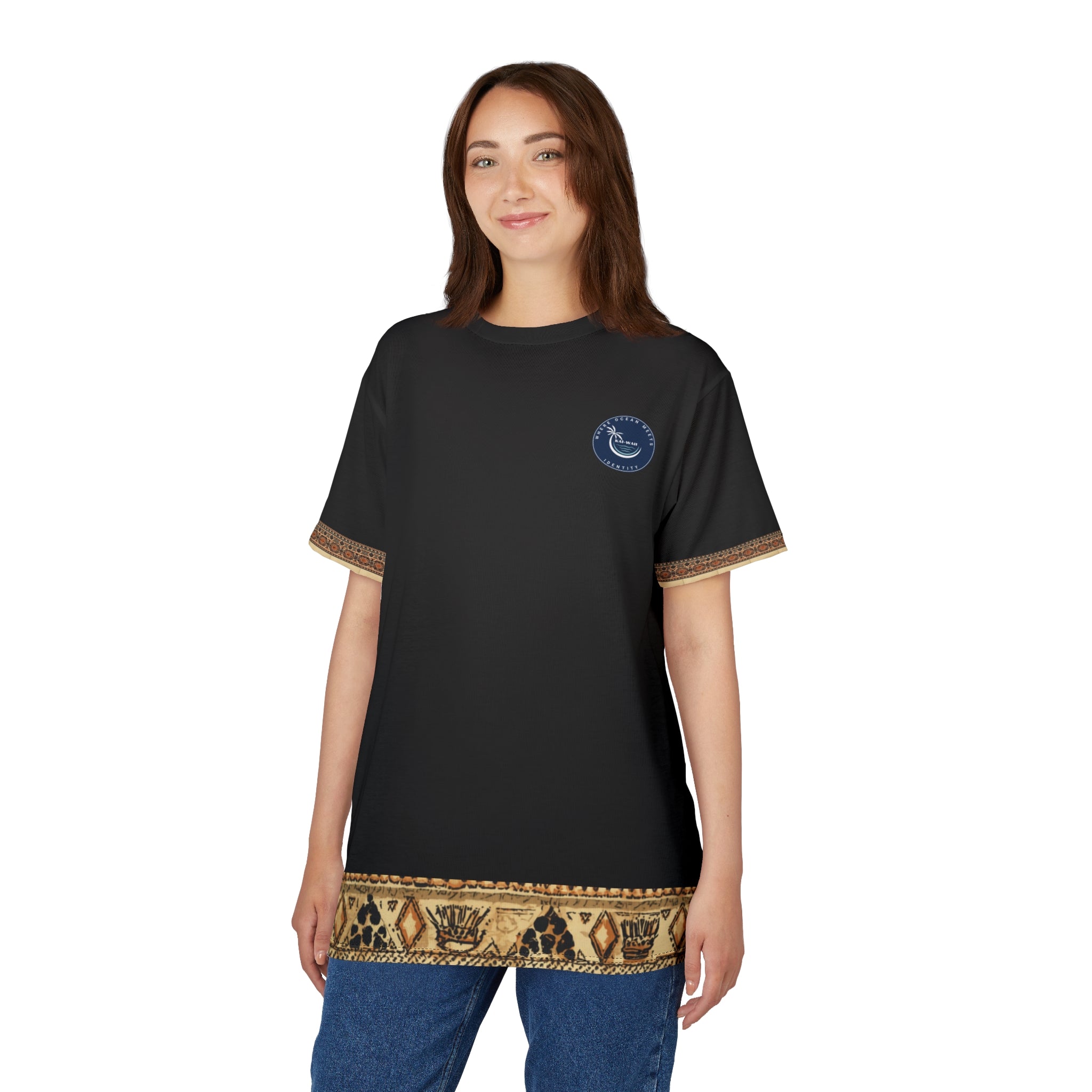 Tribal Accent Tee — Black All-Over Print with Heritage Border