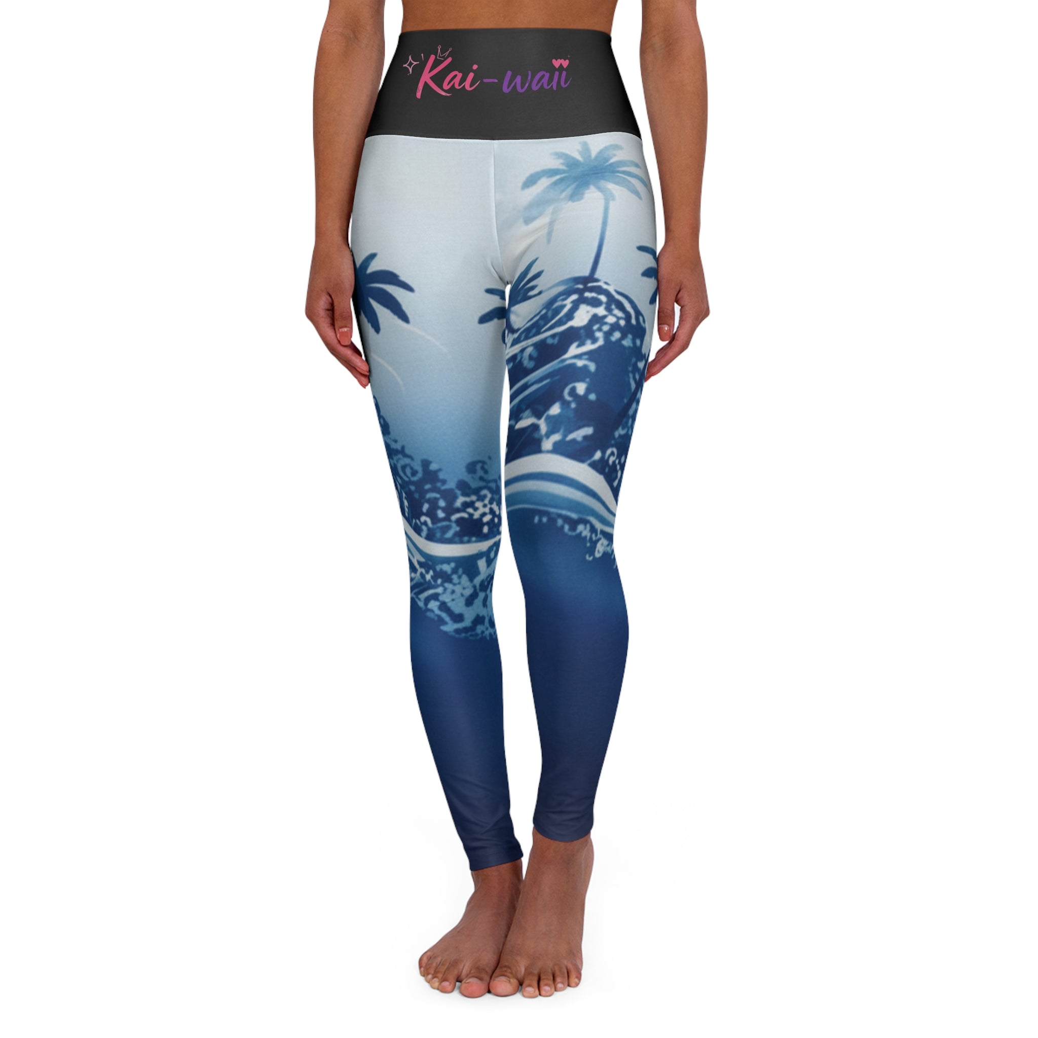 High-Waist Surf Palm Leggings — Coastal Wave Print
