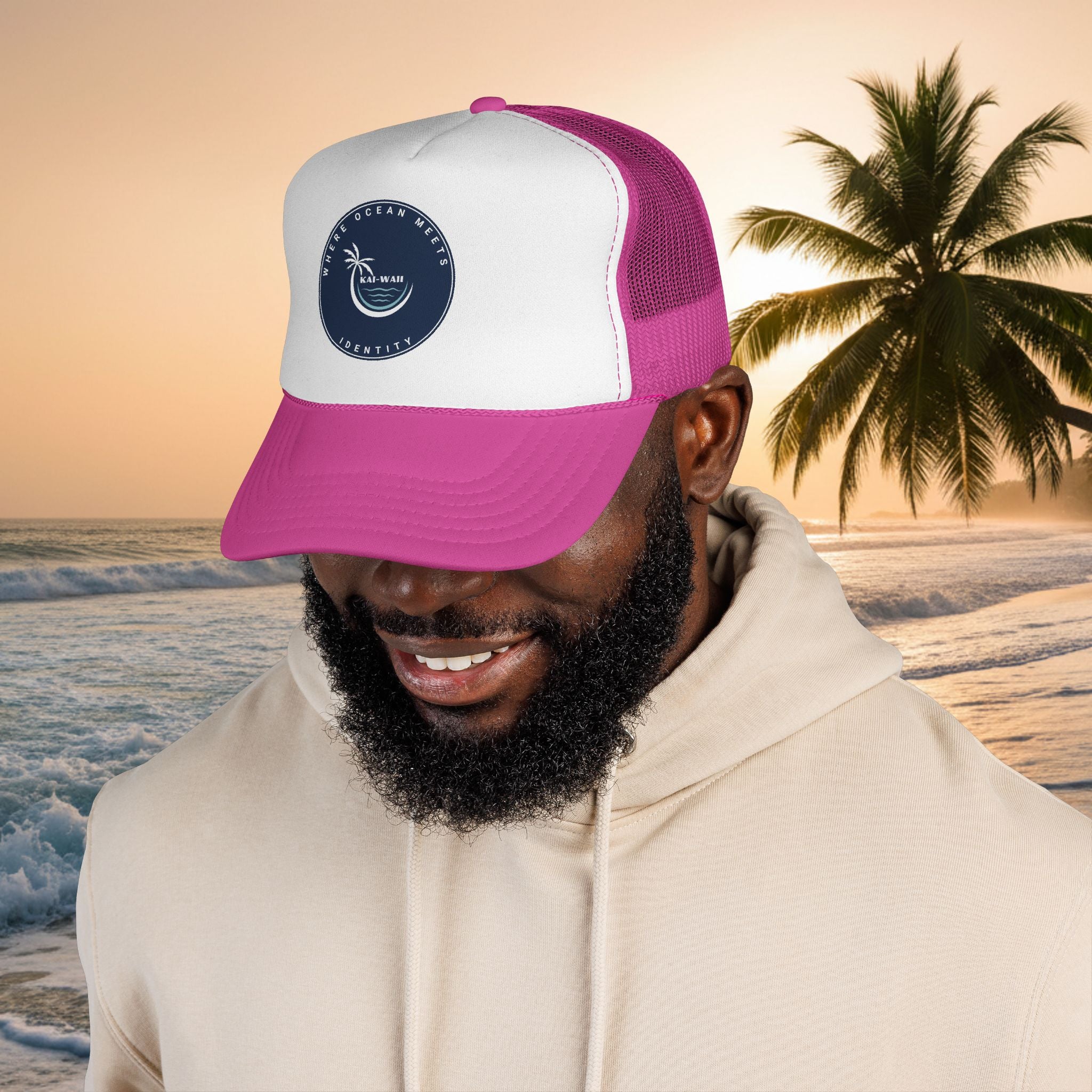 Coastal Vibes Trucker Cap â€” Ocean Club Palm Patch Snapback