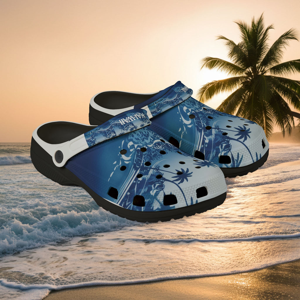 Tropical Wave EVA Clogs — Blue Palm Beach Garden Slip‑Ons