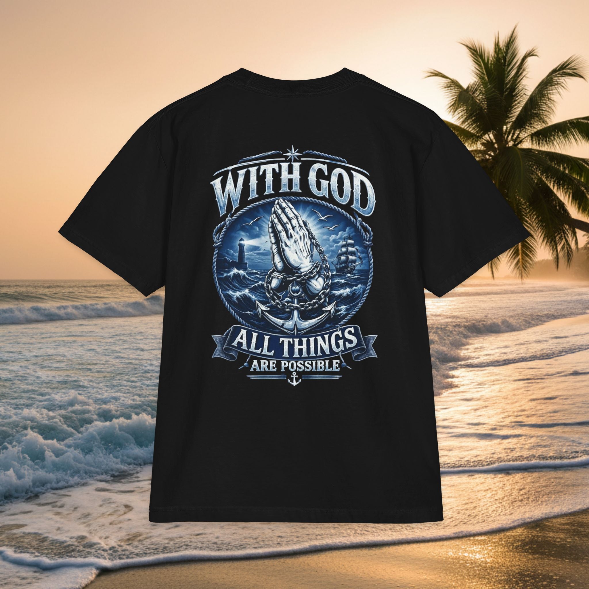 With God All Things Are Possible T-Shirt — Praying Hands Premium Christian Tee