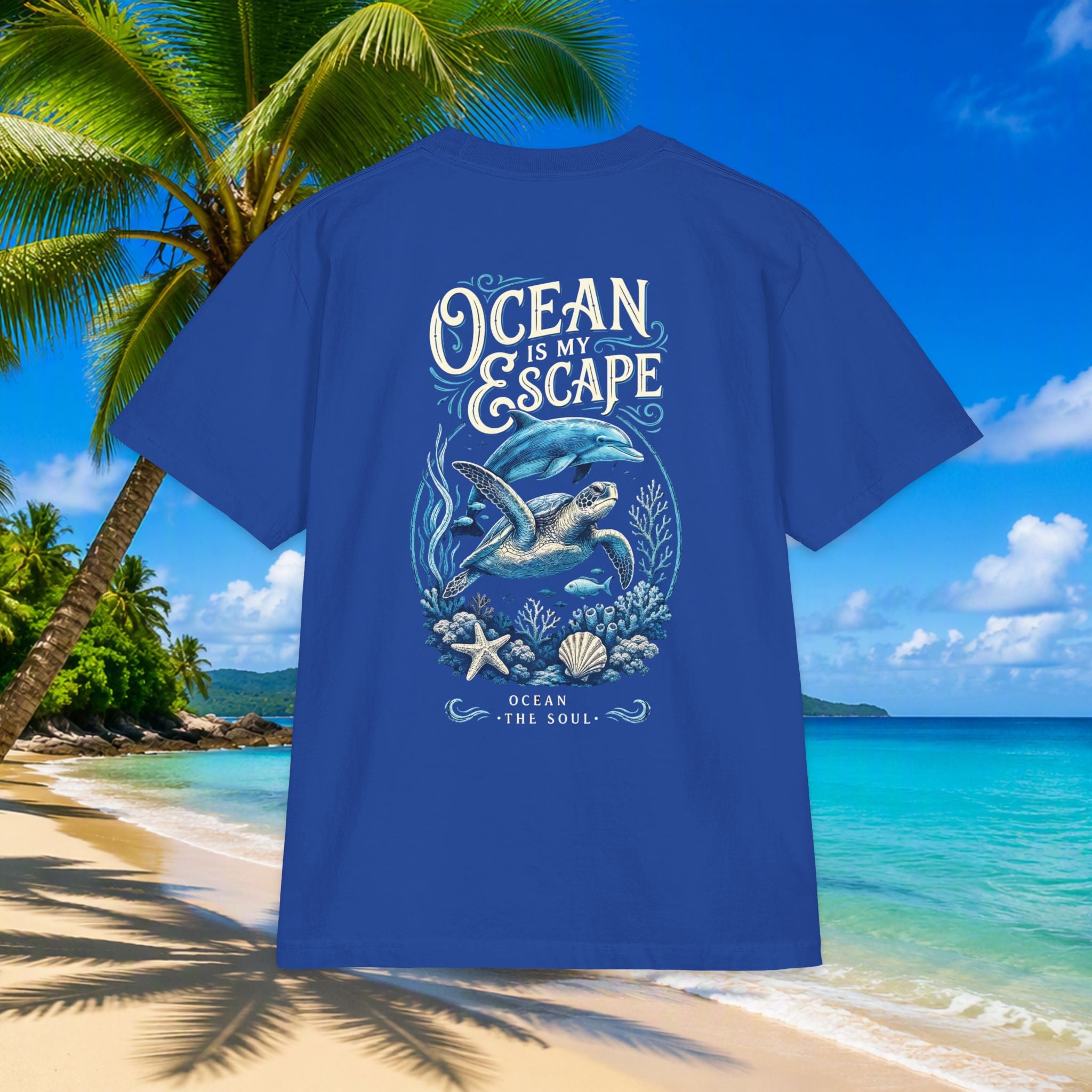 Ocean Is My Escape T‑Shirt — Coastal Whale & Seashell Premium Graphic Tee