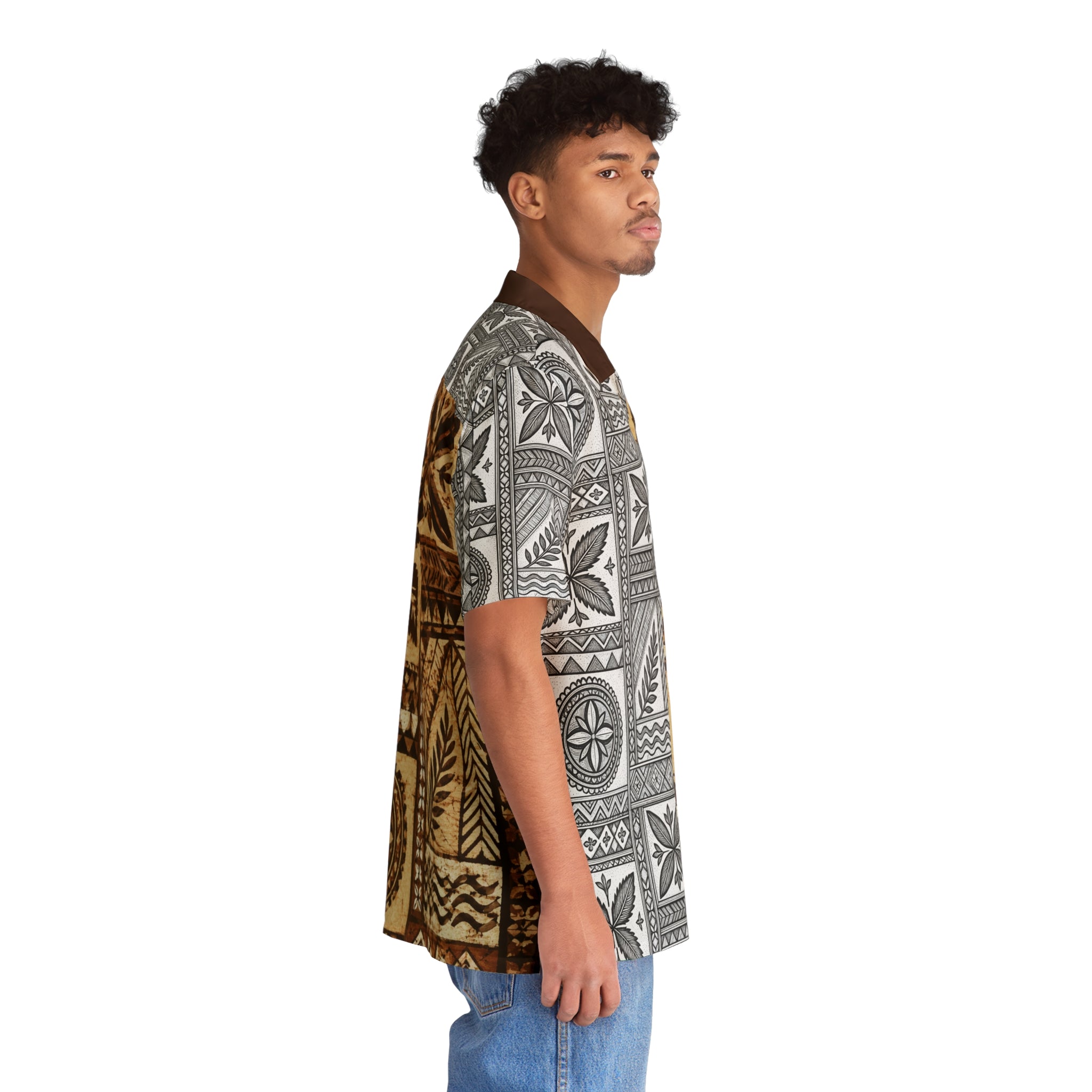Tapa Patchwork Hawaiian Shirt — Brown Tribal Print