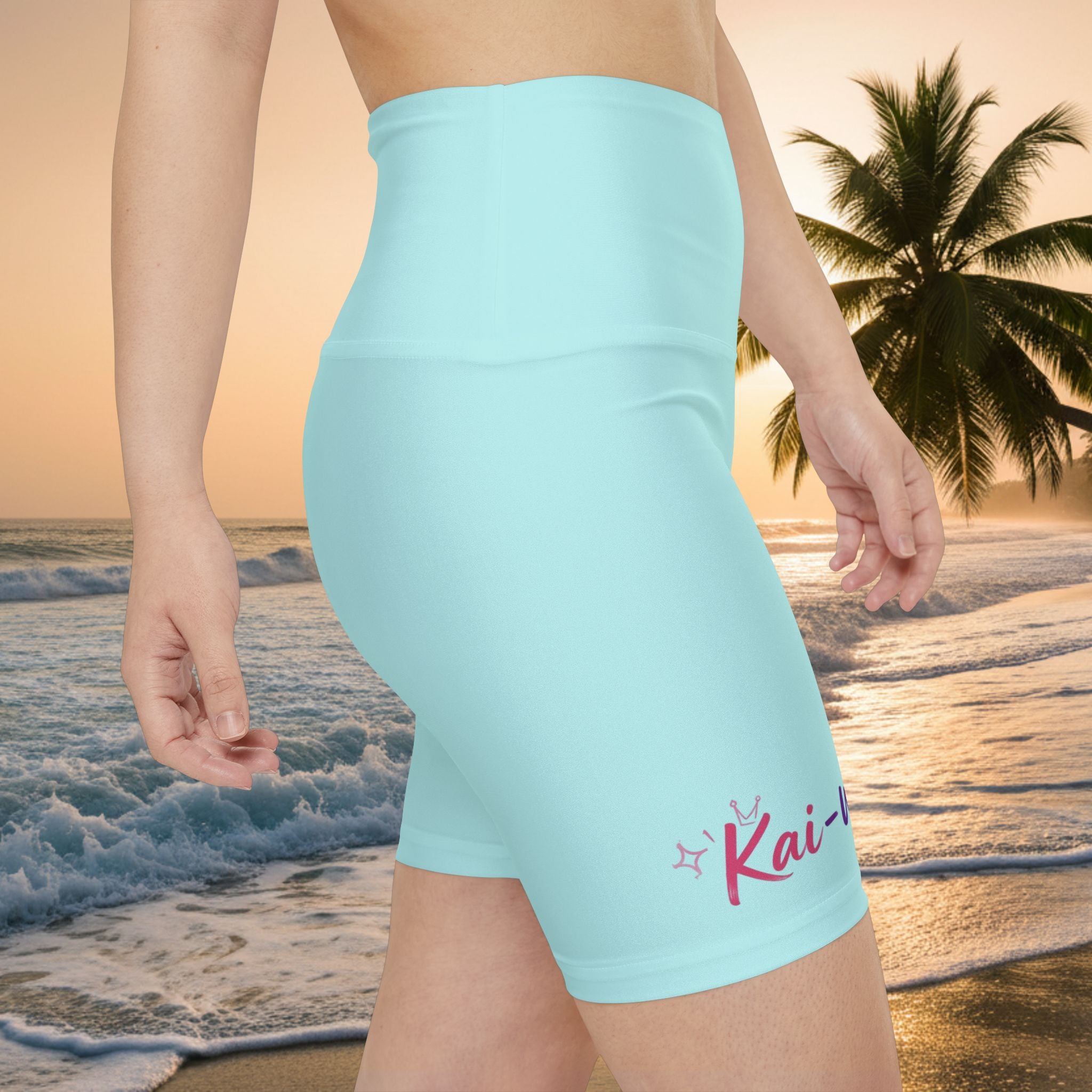 KAI-WAII Heart Print Women's Workout Shorts — Light Blue High-Waist Biker Shorts