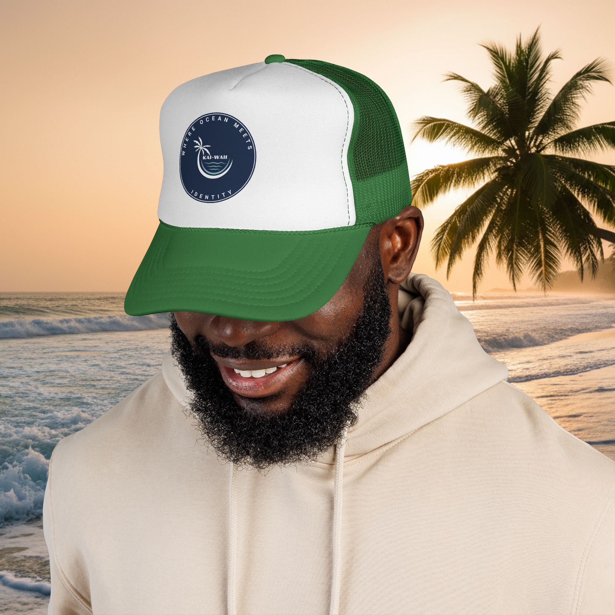 Coastal Vibes Trucker Cap â€” Ocean Club Palm Patch Snapback